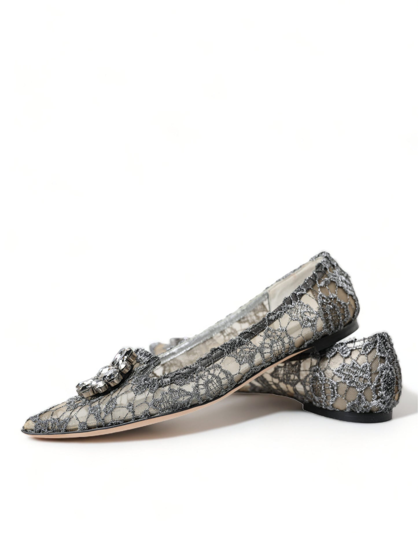 Dolce & Gabbana Silver Vally Taormina Lace Crystals Flat Shoes