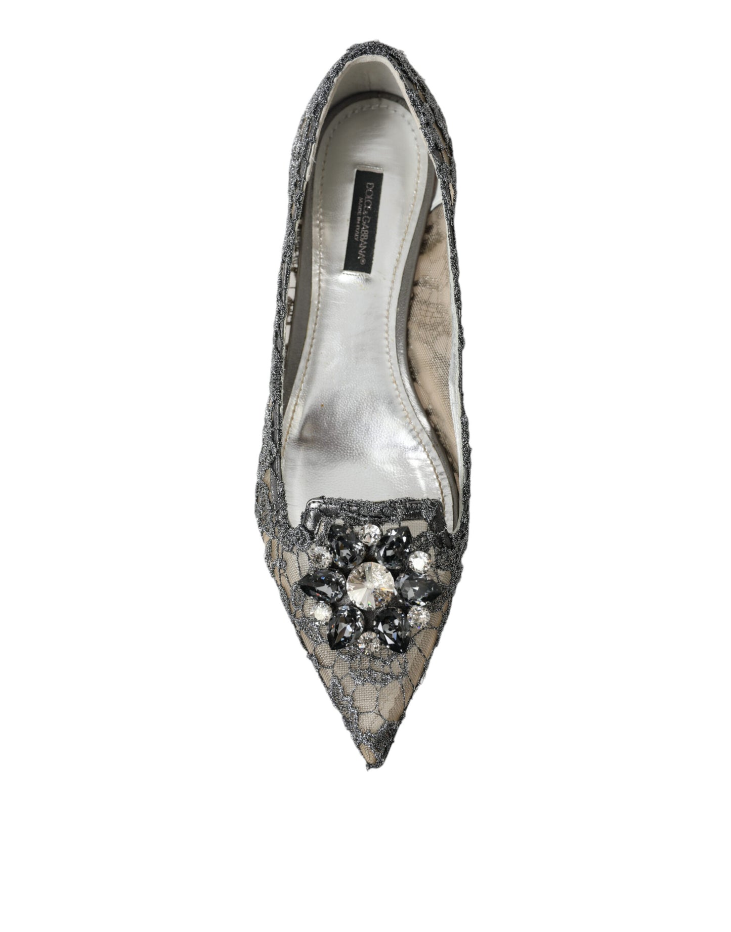 Dolce & Gabbana Silver Vally Taormina Lace Crystals Flat Shoes