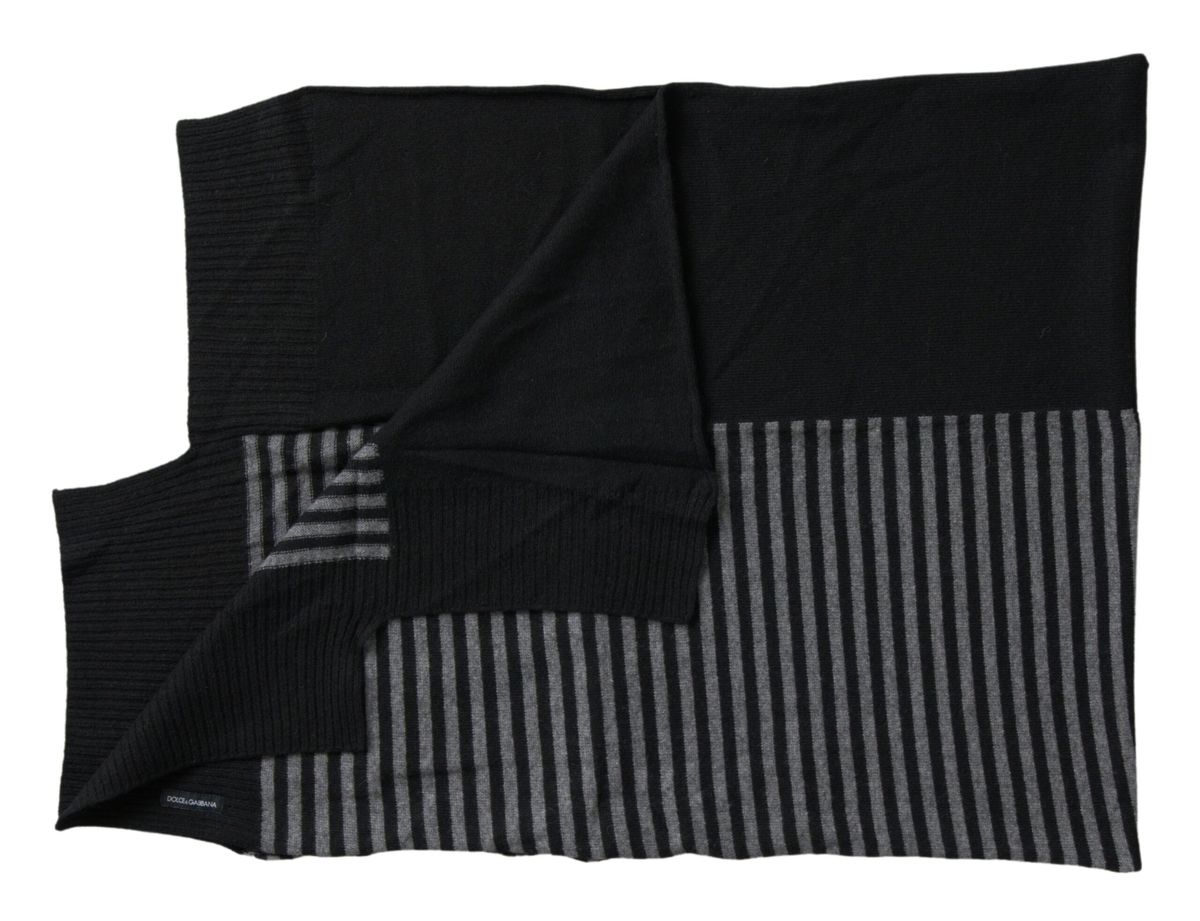 Dolce & Gabbana Black Gray Stripe Wool Neck Wrap Shawl Scarf