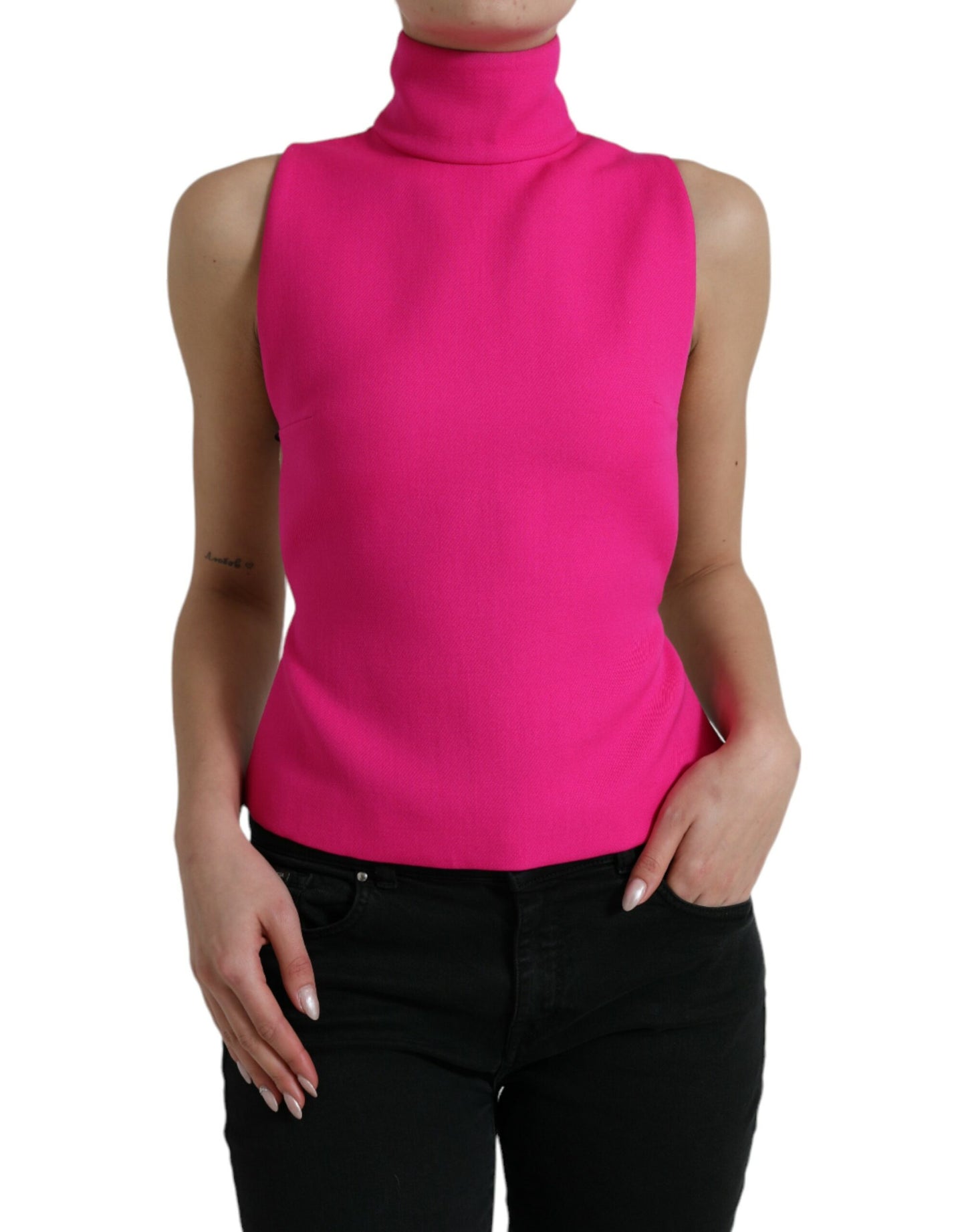 Dolce & Gabbana Pink Wool Knit Turtle Neck Backless Tank Top