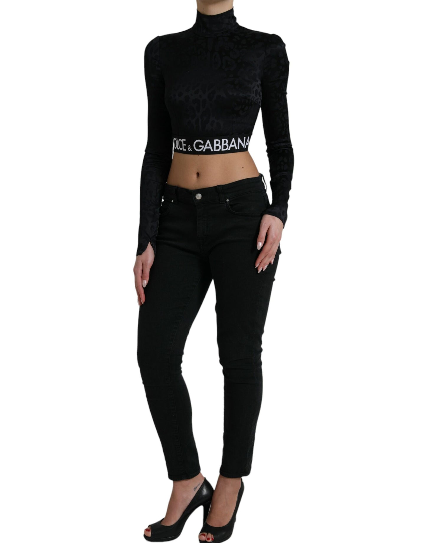 Dolce & Gabbana Black Viscose Stretch Long Sleeves Cropped Top