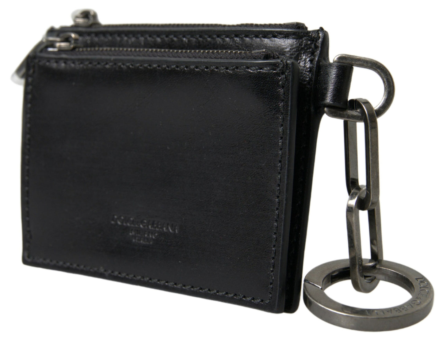 Dolce & Gabbana Black Leather Zip Logo Keyring Coin Purse Wallet