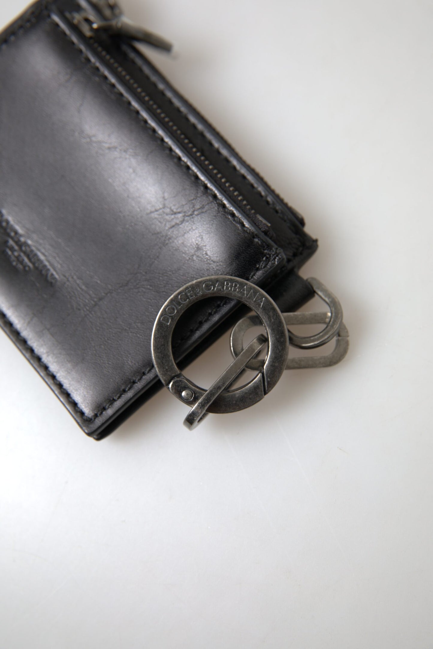 Dolce & Gabbana Black Leather Zip Logo Keyring Coin Purse Wallet