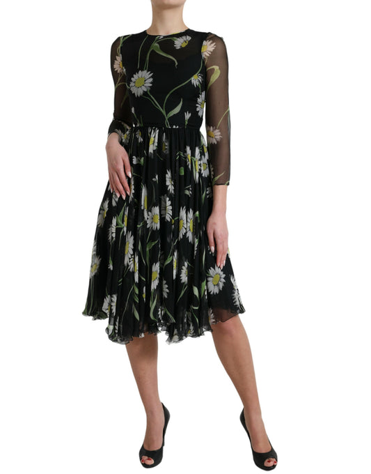 Dolce & Gabbana Black Floral Sheer A-line Knee Length Dress