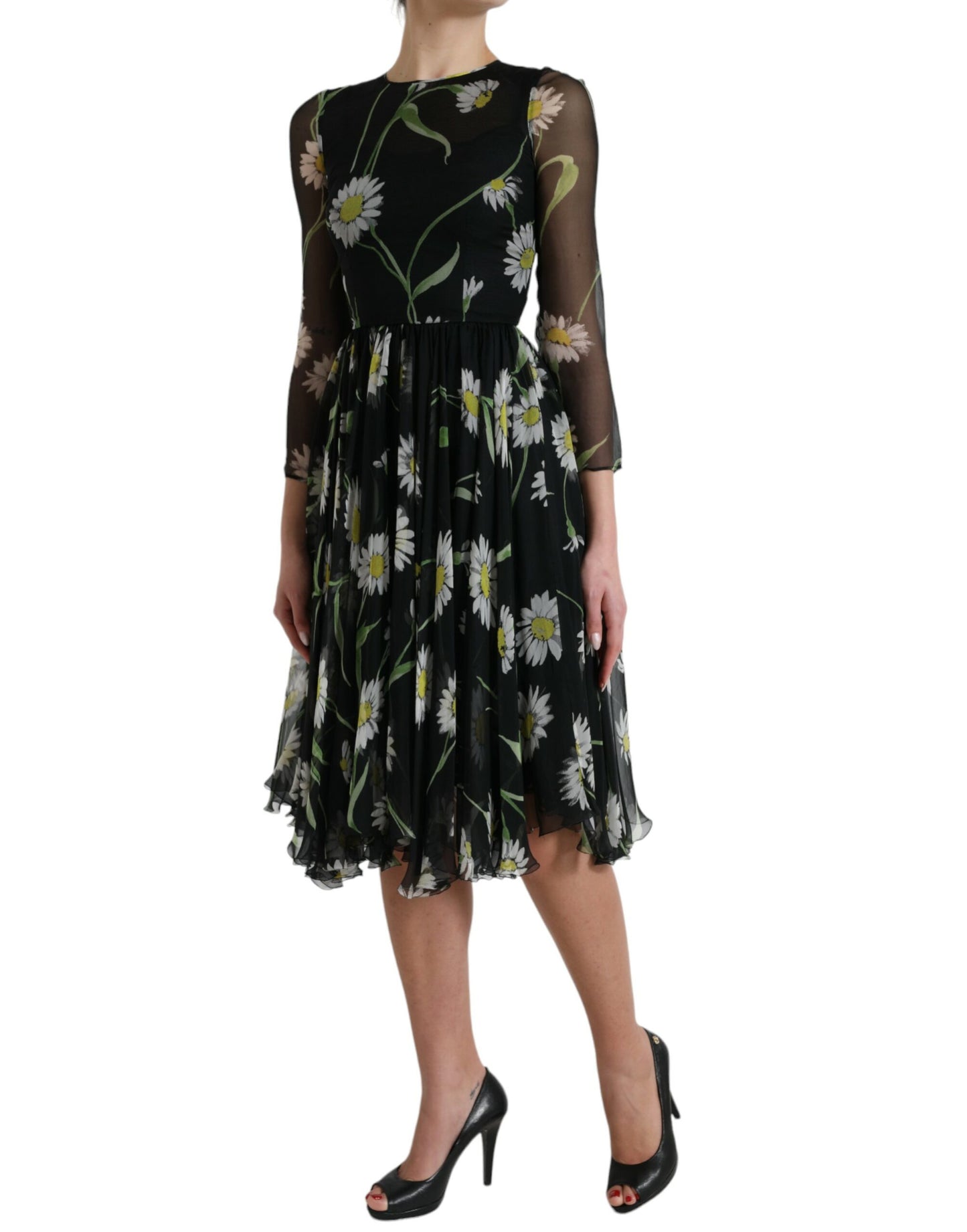 Dolce & Gabbana Black Floral Sheer A-line Knee Length Dress