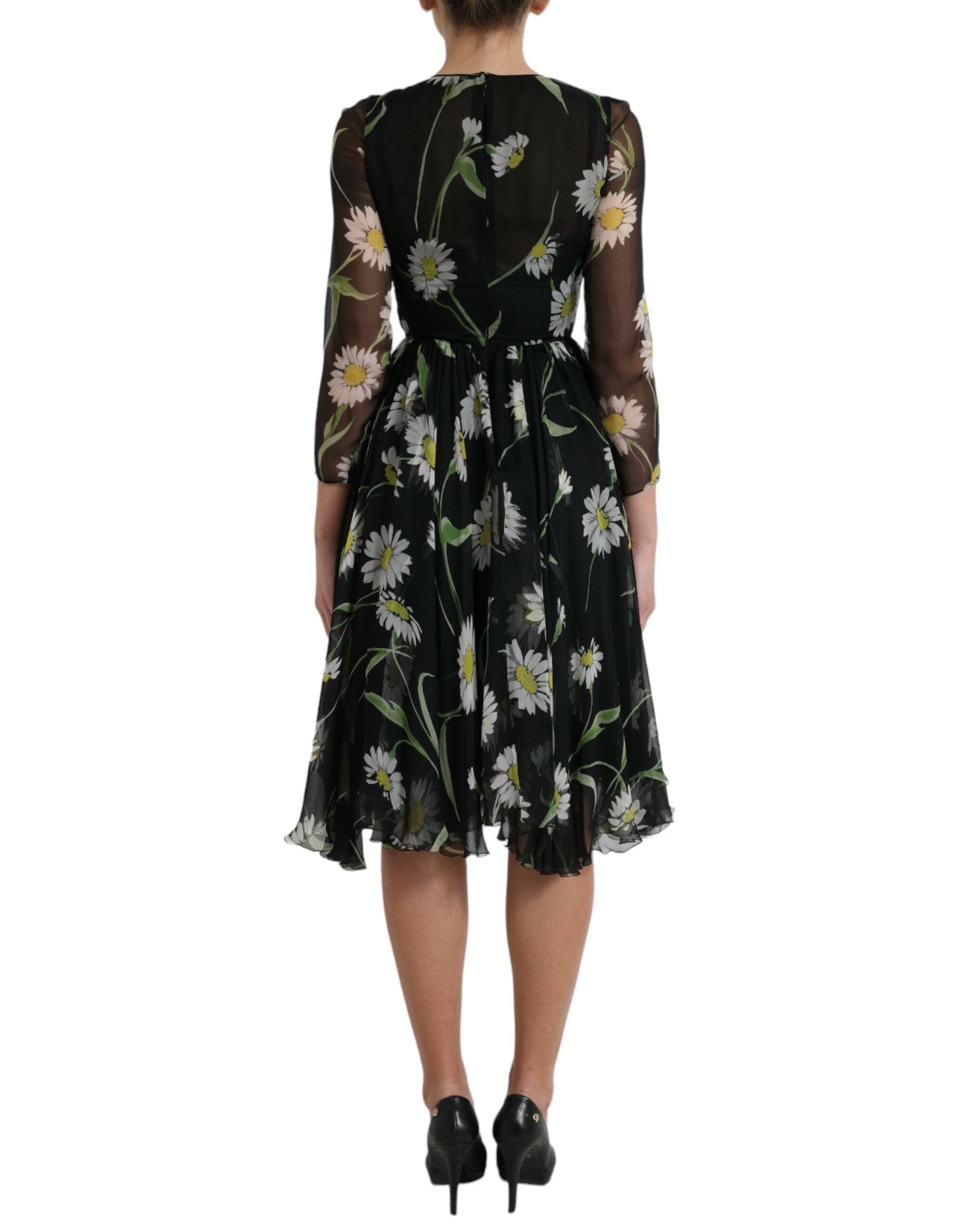 Dolce & Gabbana Black Floral Sheer A-line Knee Length Dress