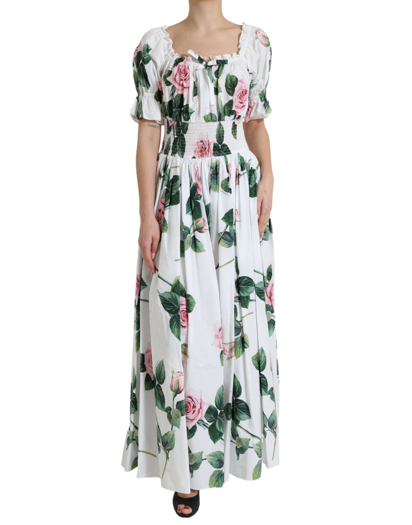 Dolce & Gabbana White Cotton Rose A-line Pleated Long Dress