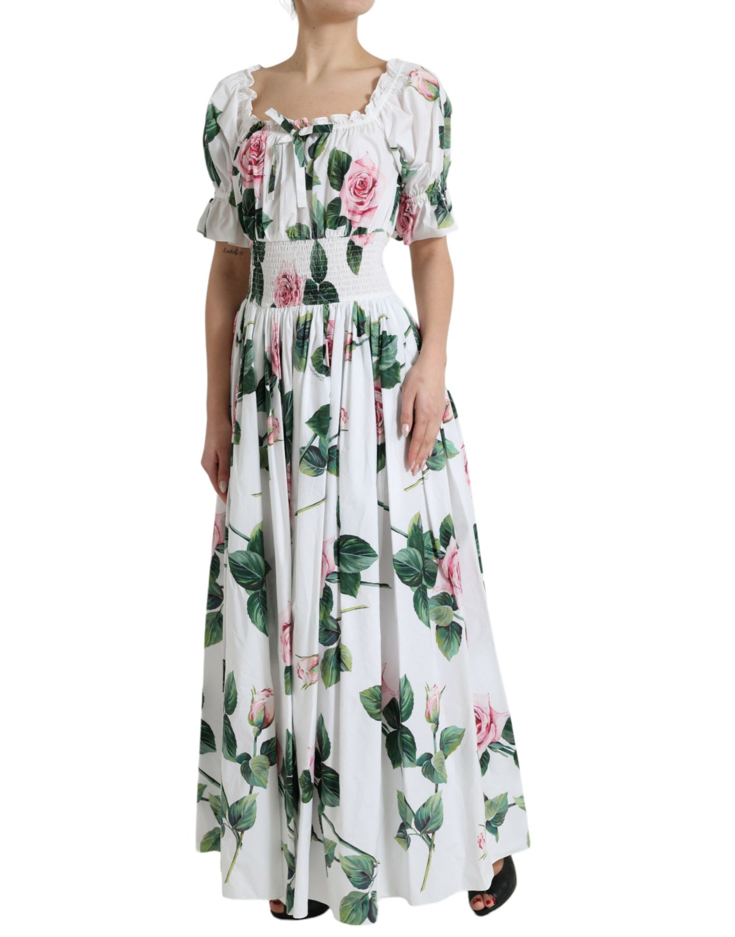 Dolce & Gabbana White Cotton Rose A-line Pleated Long Dress