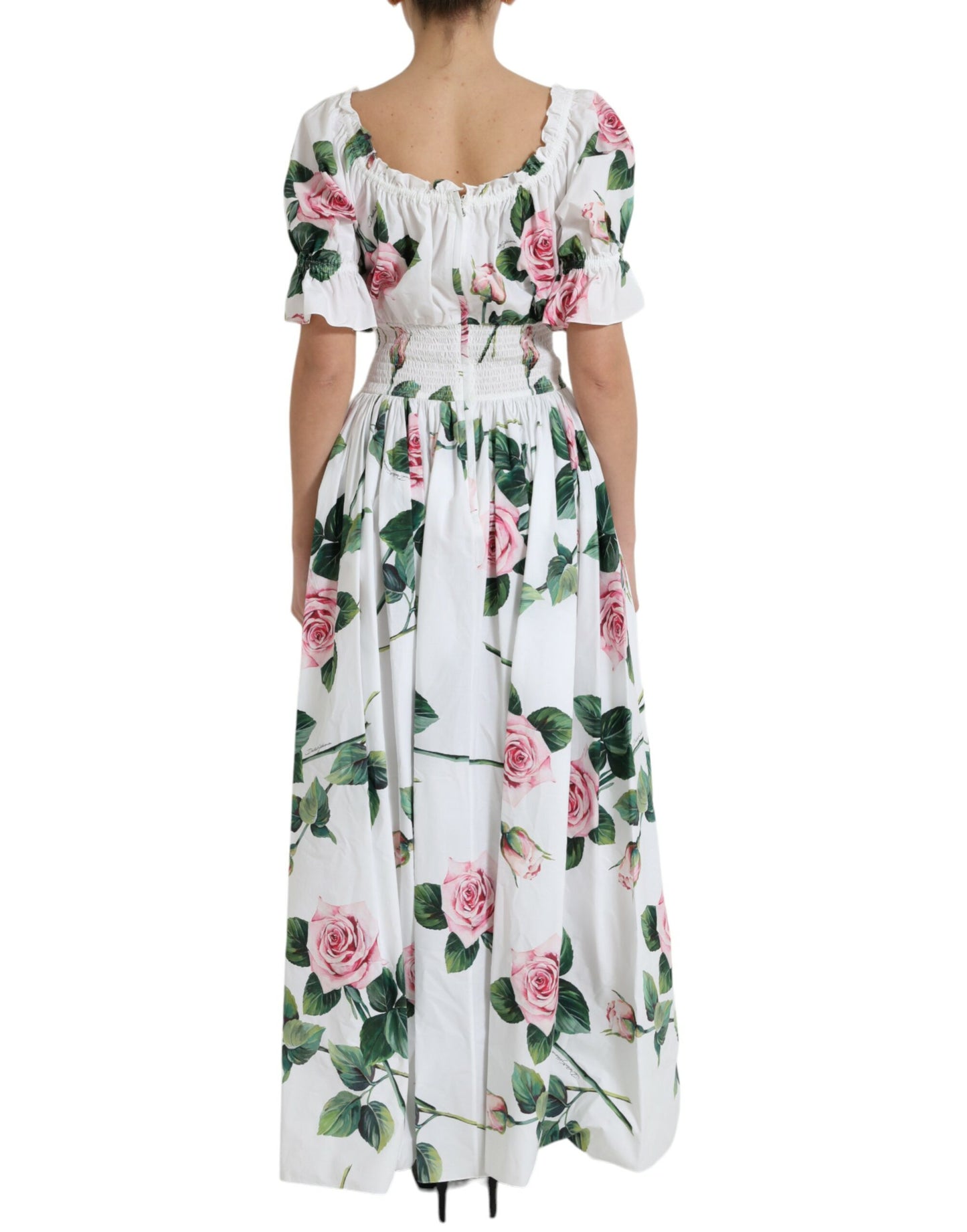 Dolce & Gabbana White Cotton Rose A-line Pleated Long Dress