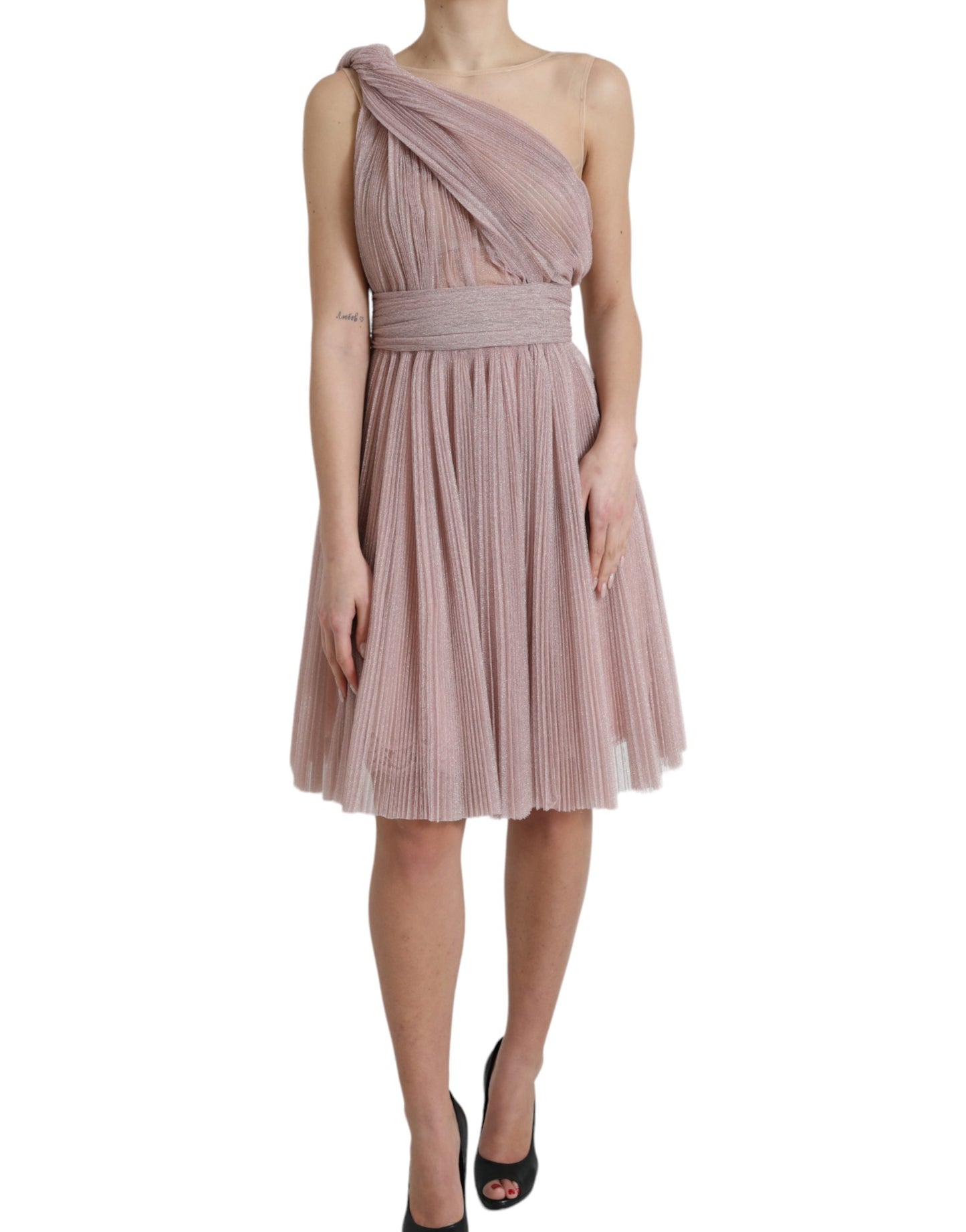 Dolce & Gabbana Pink One Shoulder Pleated Lame Tulle Dress