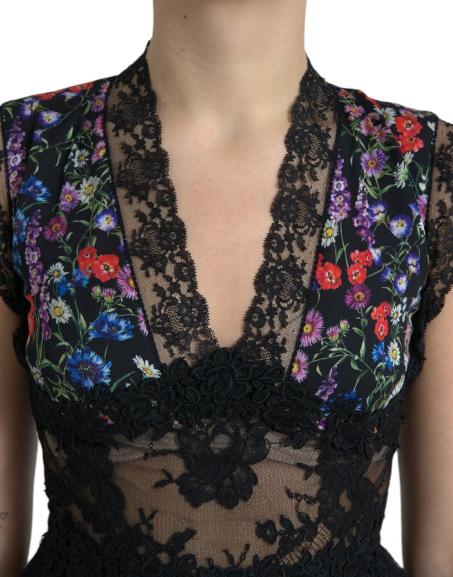 Dolce & Gabbana Multicolor Floral Print Lace Sheath Dress