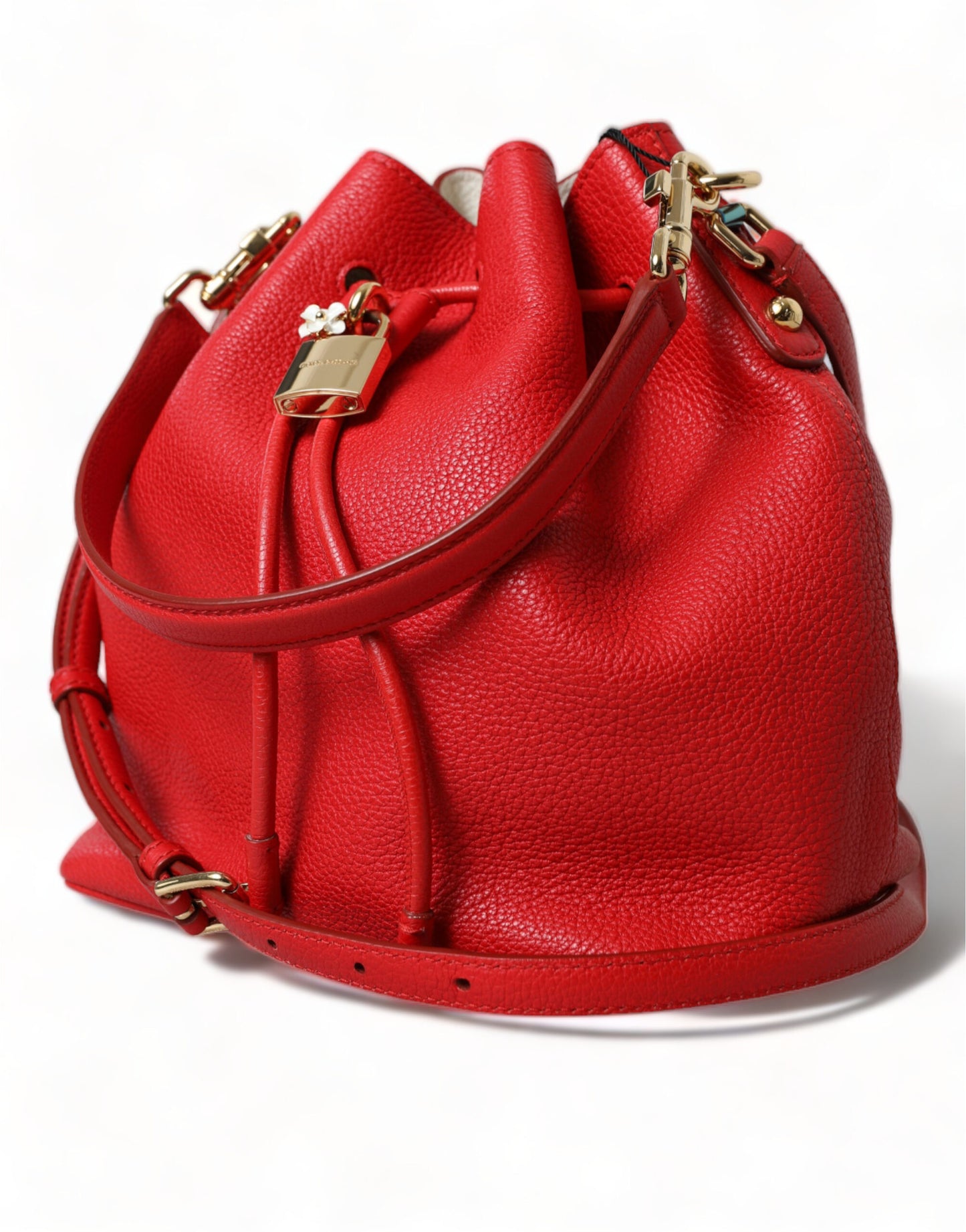 Dolce & Gabbana Elegant Red Leather Drawstring Bag with Gold Detailing