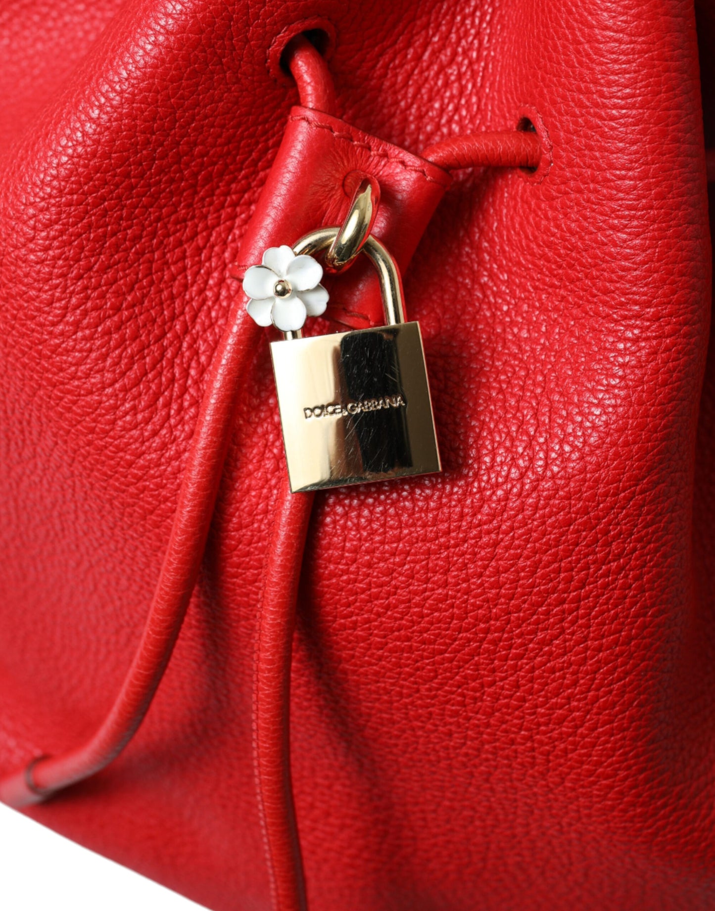 Dolce & Gabbana Elegant Red Leather Drawstring Bag with Gold Detailing