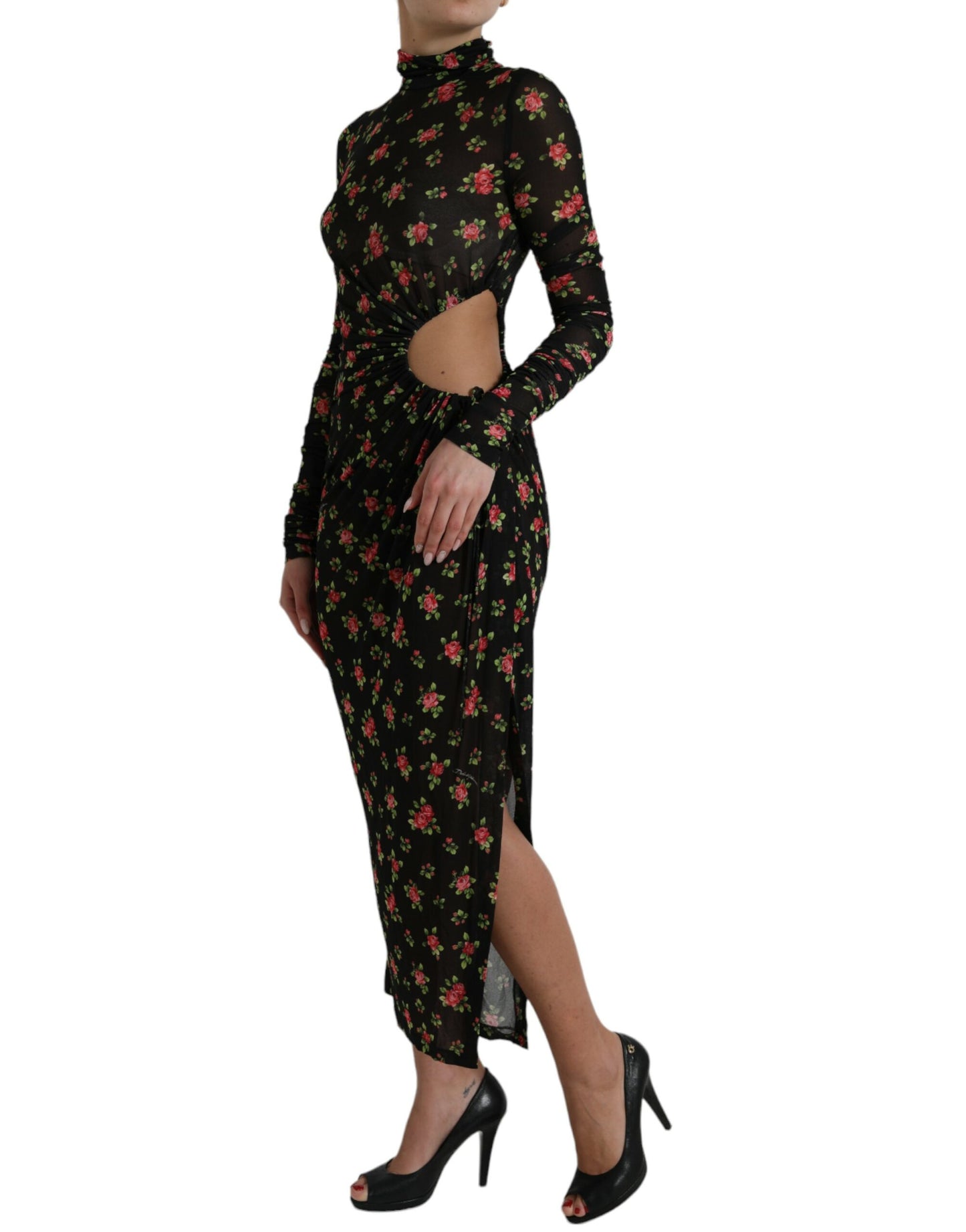 Dolce & Gabbana Black Floral Cut Out Sheath Long Maxi Dress