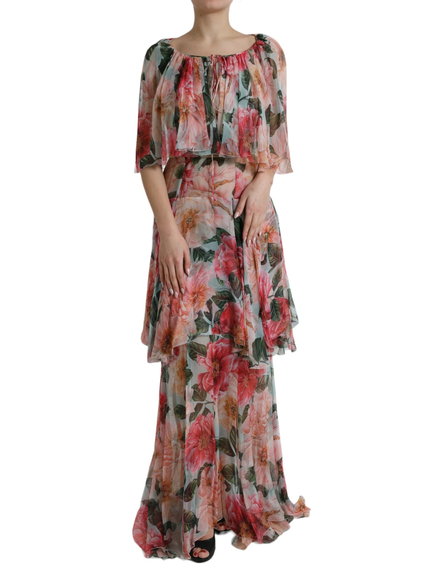 Dolce & Gabbana Multicolor Floral Silk Tiered Long Maxi Dress