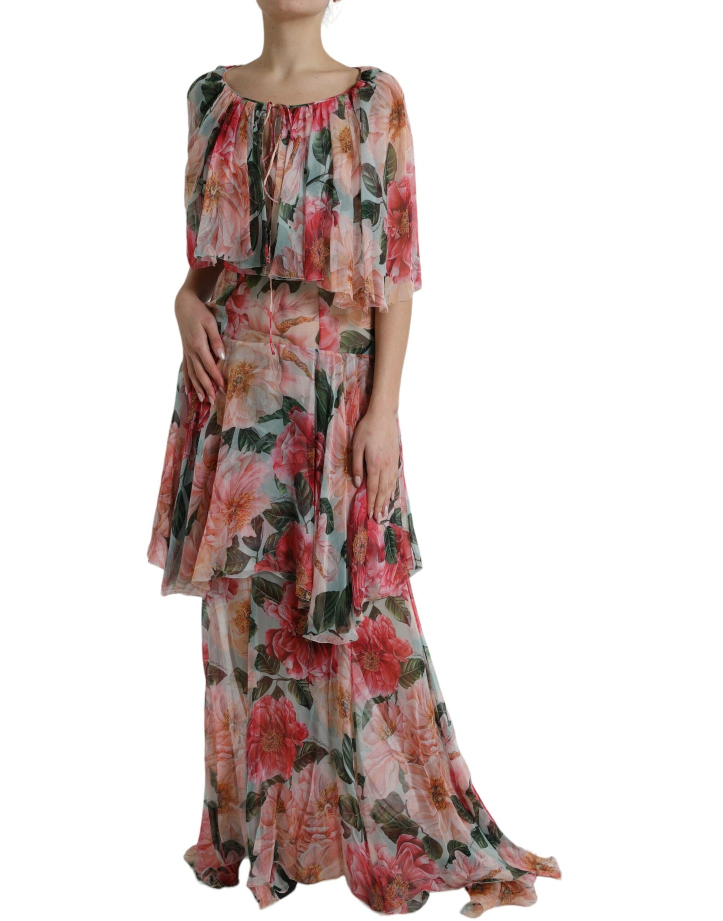 Dolce & Gabbana Multicolor Floral Silk Tiered Long Maxi Dress