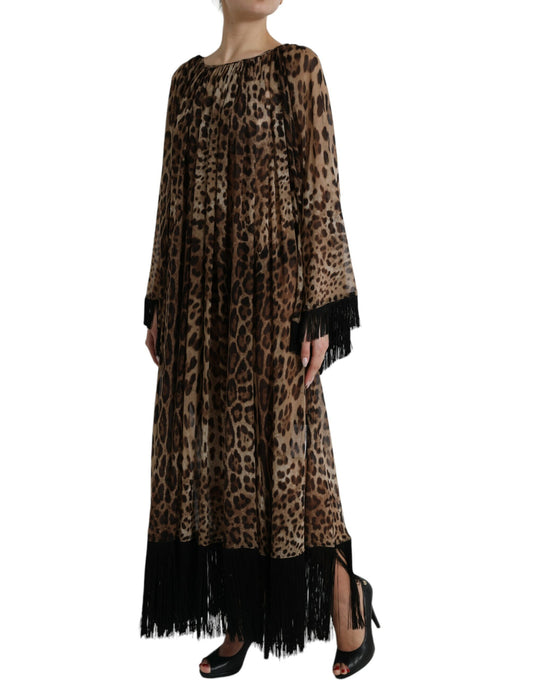 Dolce & Gabbana Brown Leopard Silk Kaftan Fringes Maxi Dress