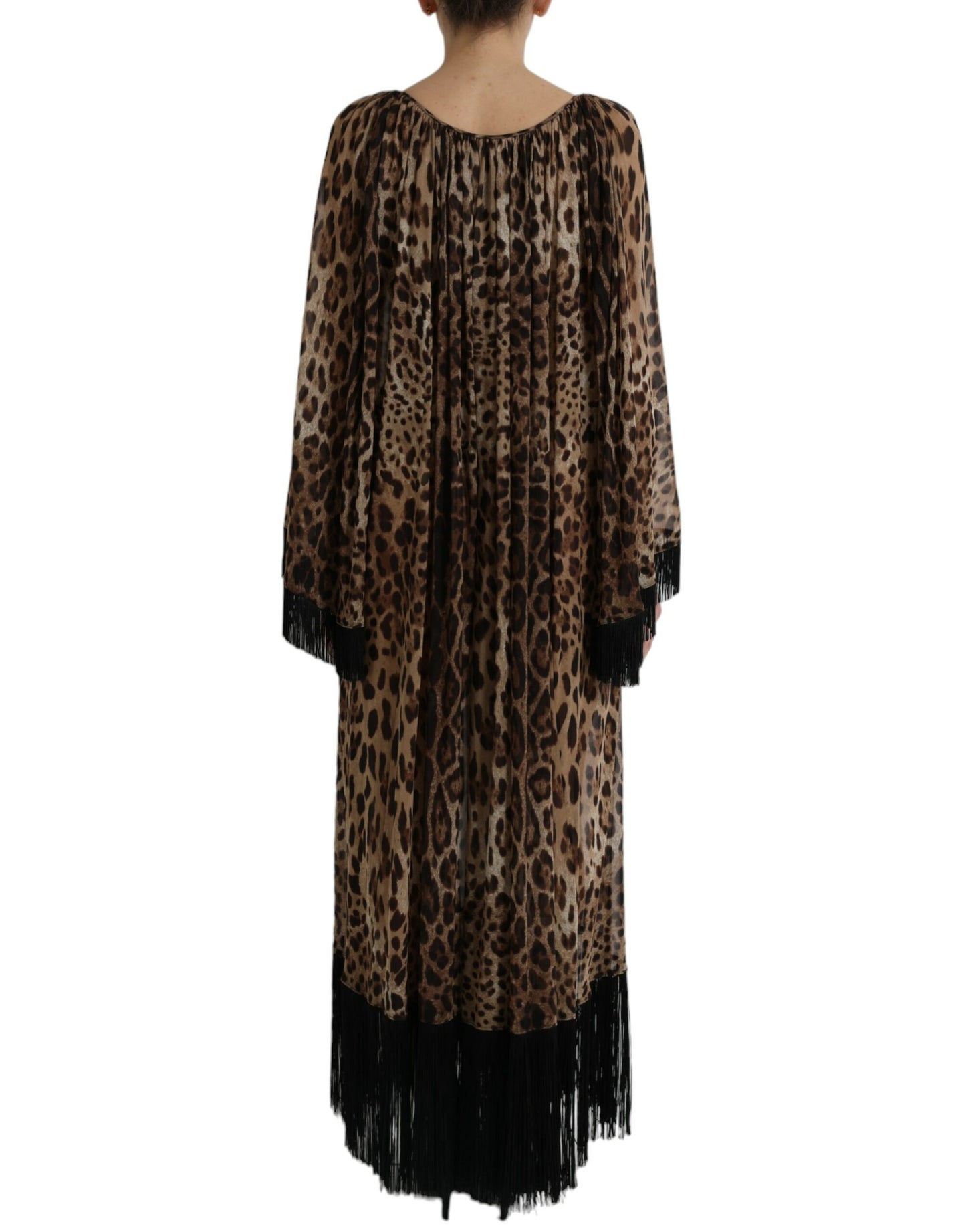 Dolce & Gabbana Brown Leopard Silk Kaftan Fringes Maxi Dress