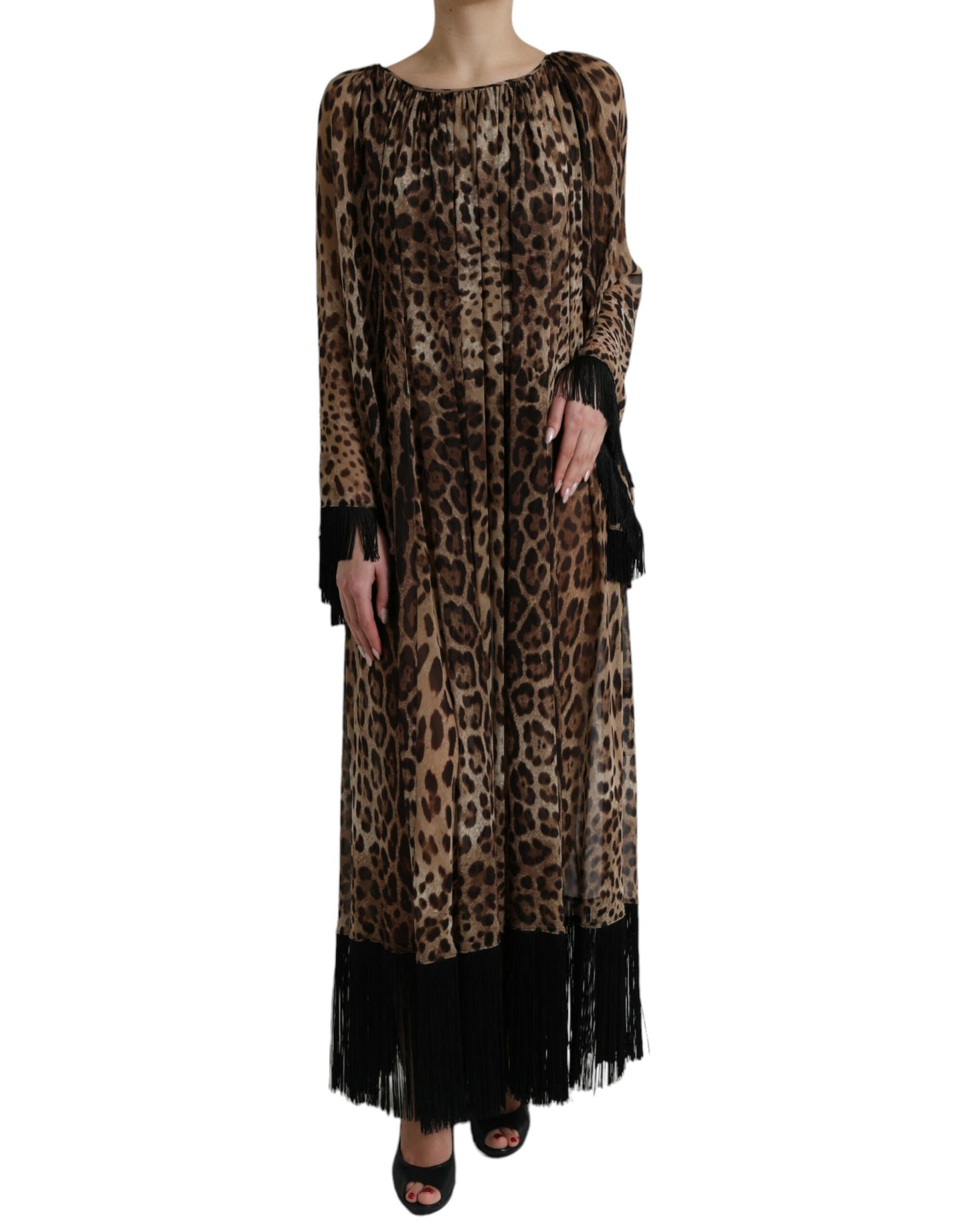 Dolce & Gabbana Brown Leopard Silk Kaftan Fringes Maxi Dress