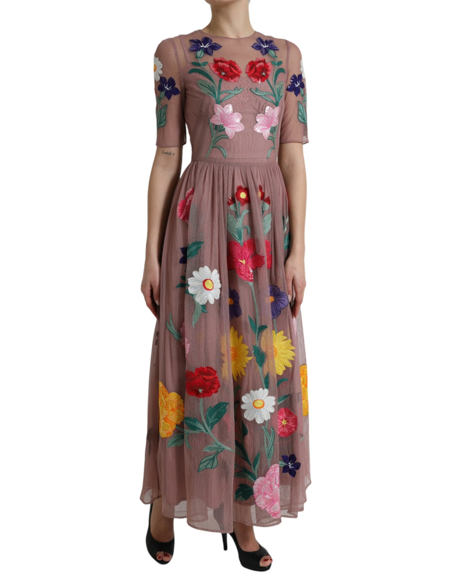 Dolce & Gabbana Rose Gold Floral Embroidery Long Maxi Dress