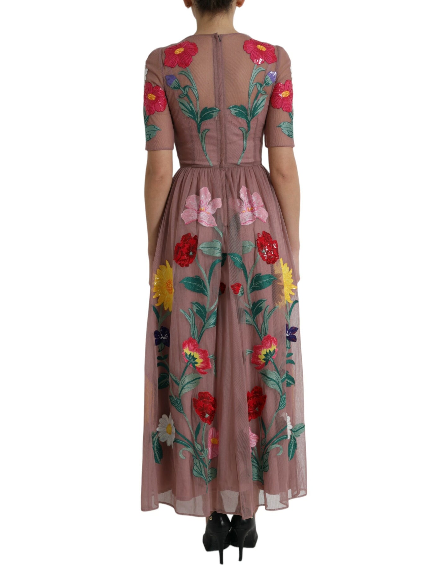 Dolce & Gabbana Rose Gold Floral Embroidery Long Maxi Dress