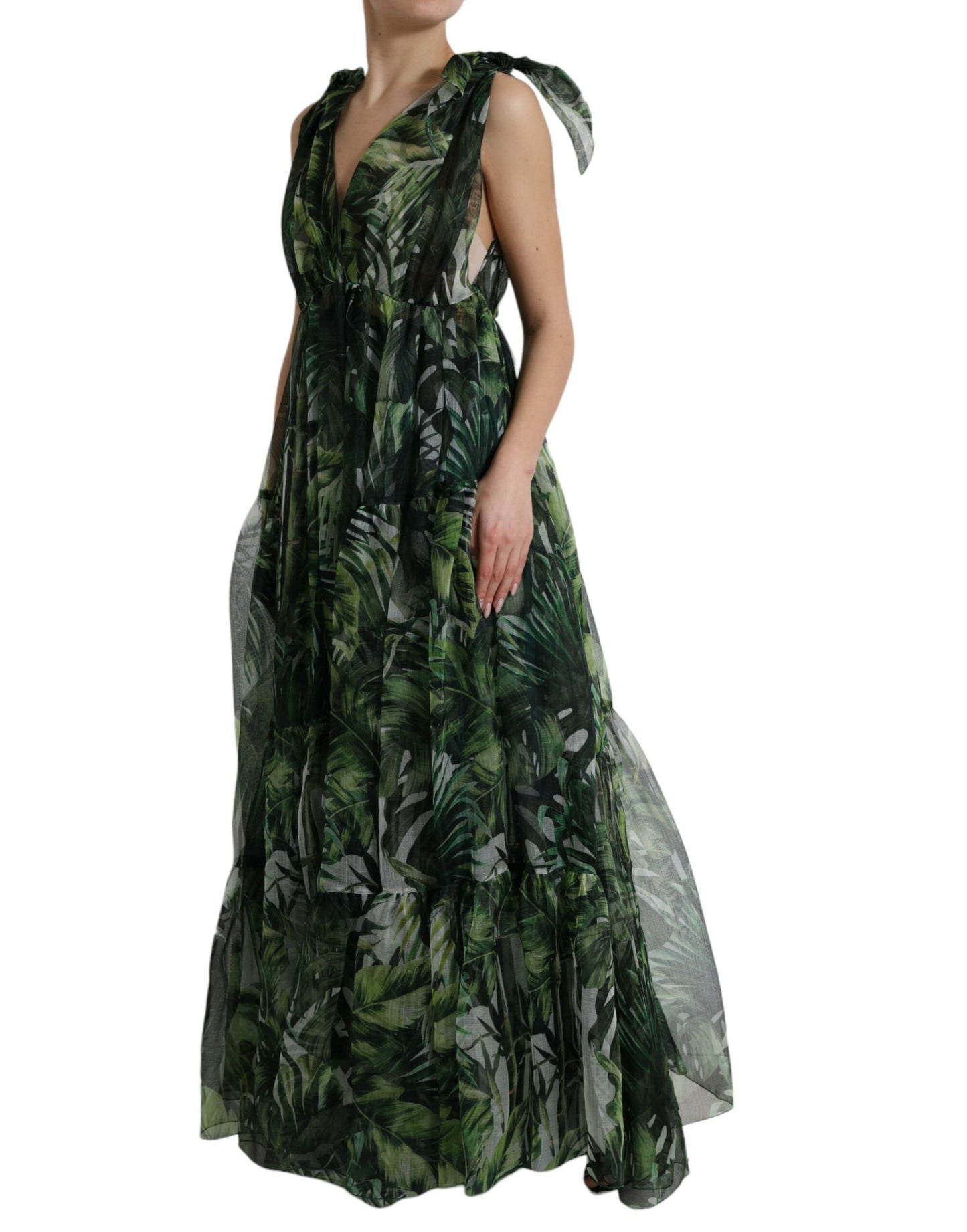 Dolce & Gabbana Green Flocked Leaf Georgette A-line Dress