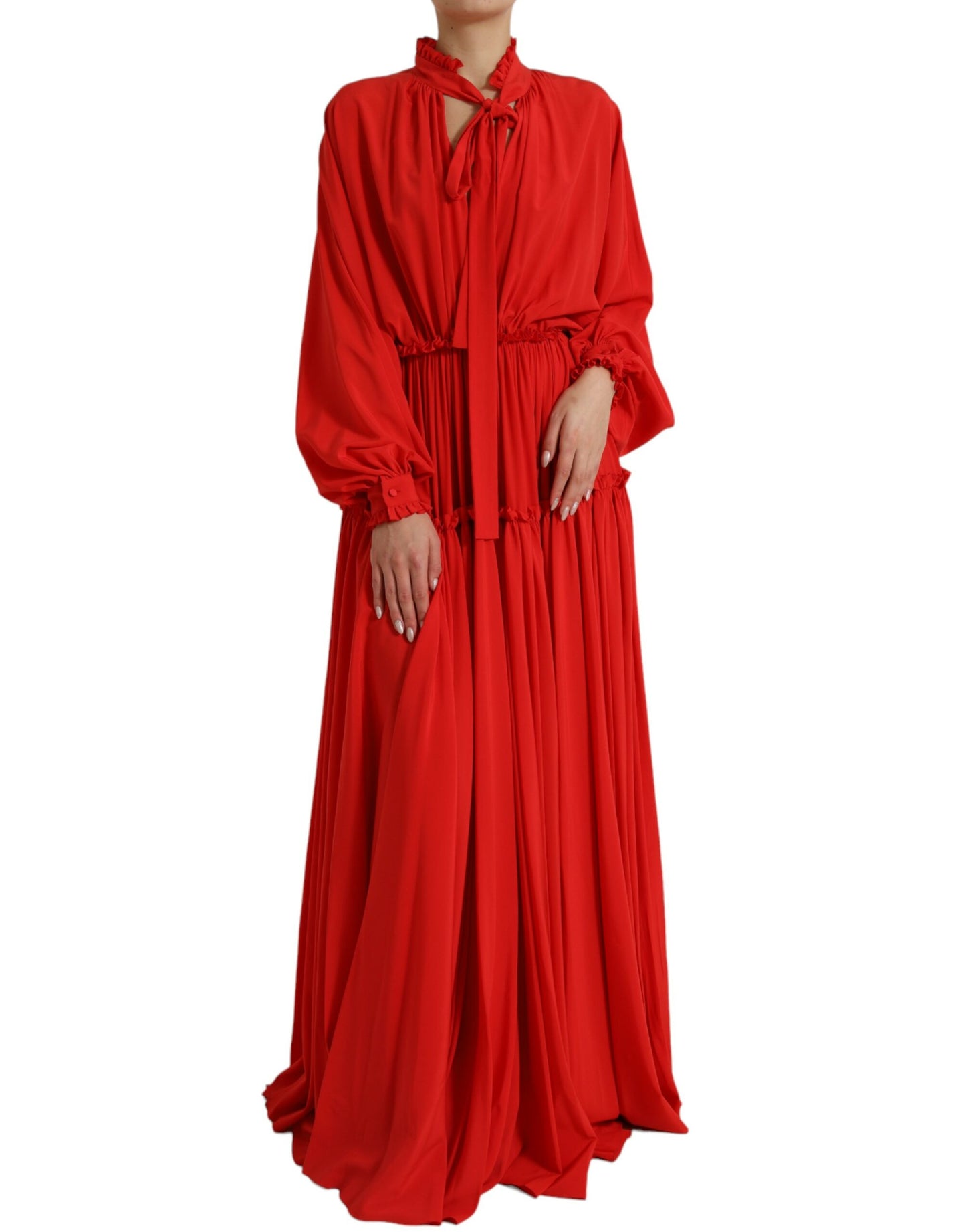 Dolce & Gabbana Red Silk Long Gown Pleated Ascot Collar Dress