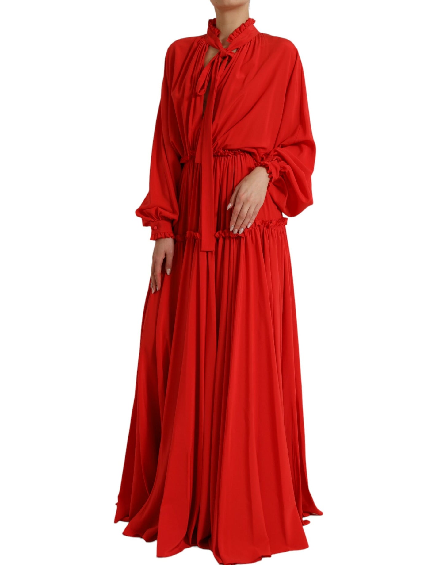 Dolce & Gabbana Red Silk Long Gown Pleated Ascot Collar Dress