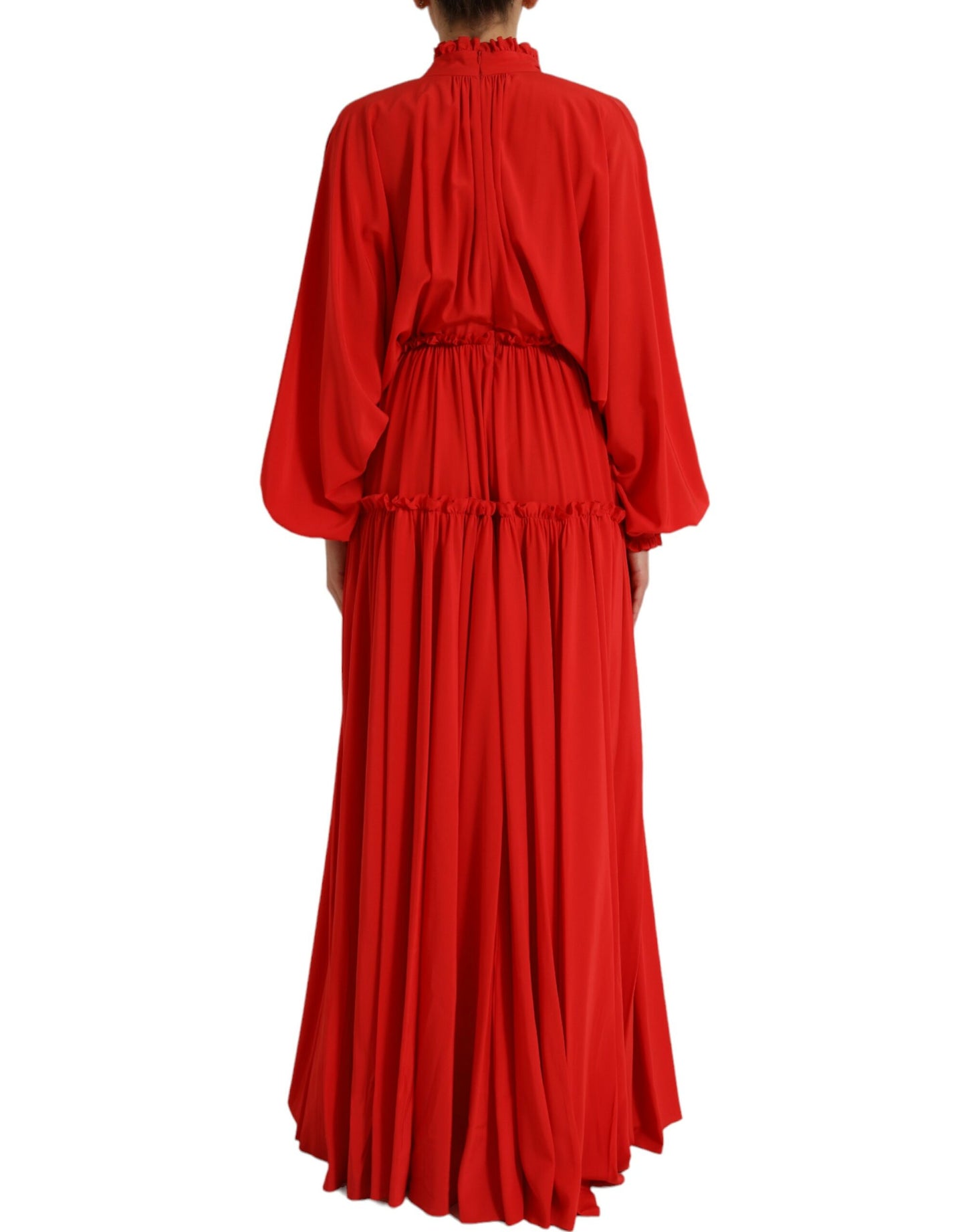 Dolce & Gabbana Red Silk Long Gown Pleated Ascot Collar Dress