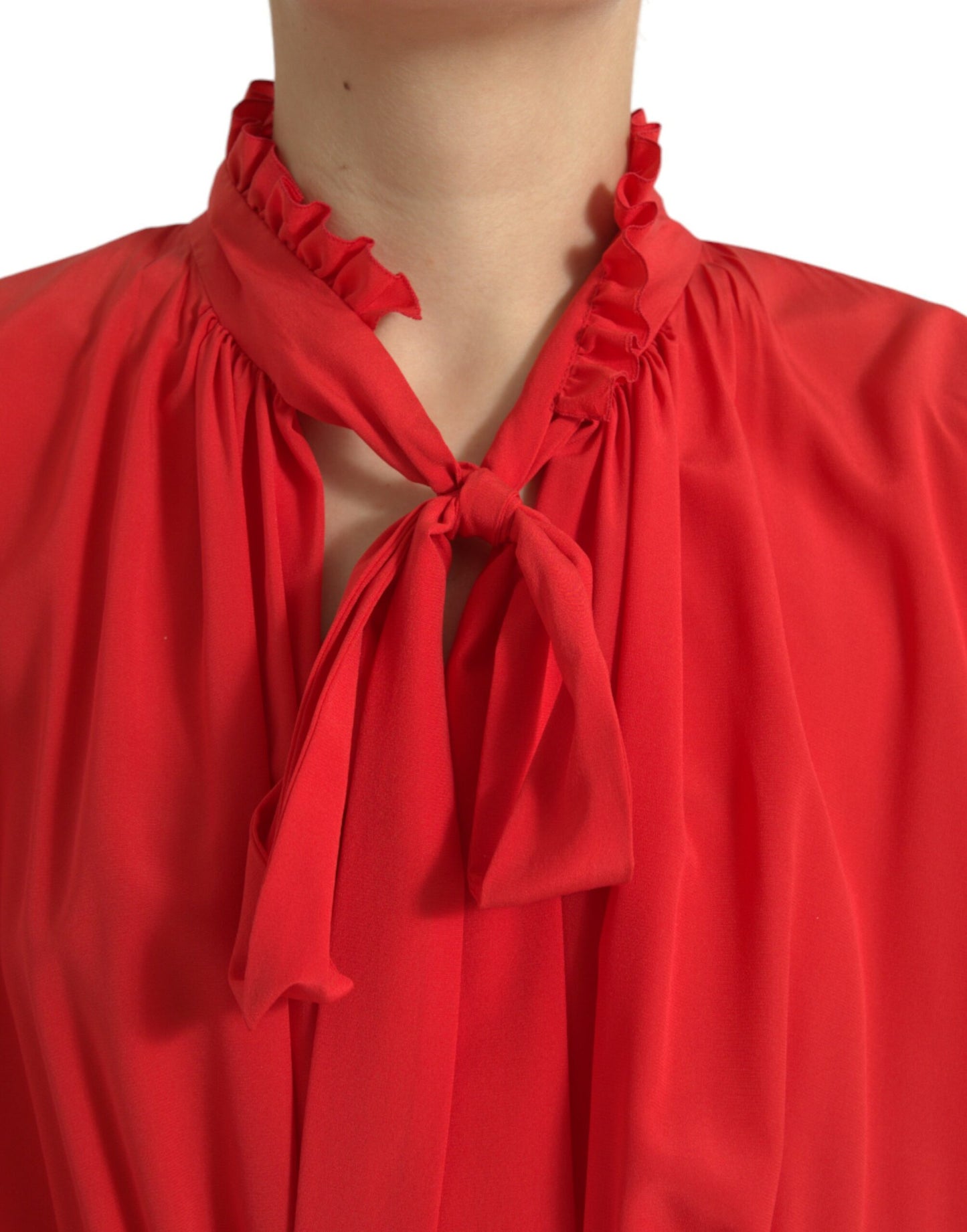 Dolce & Gabbana Red Silk Long Gown Pleated Ascot Collar Dress