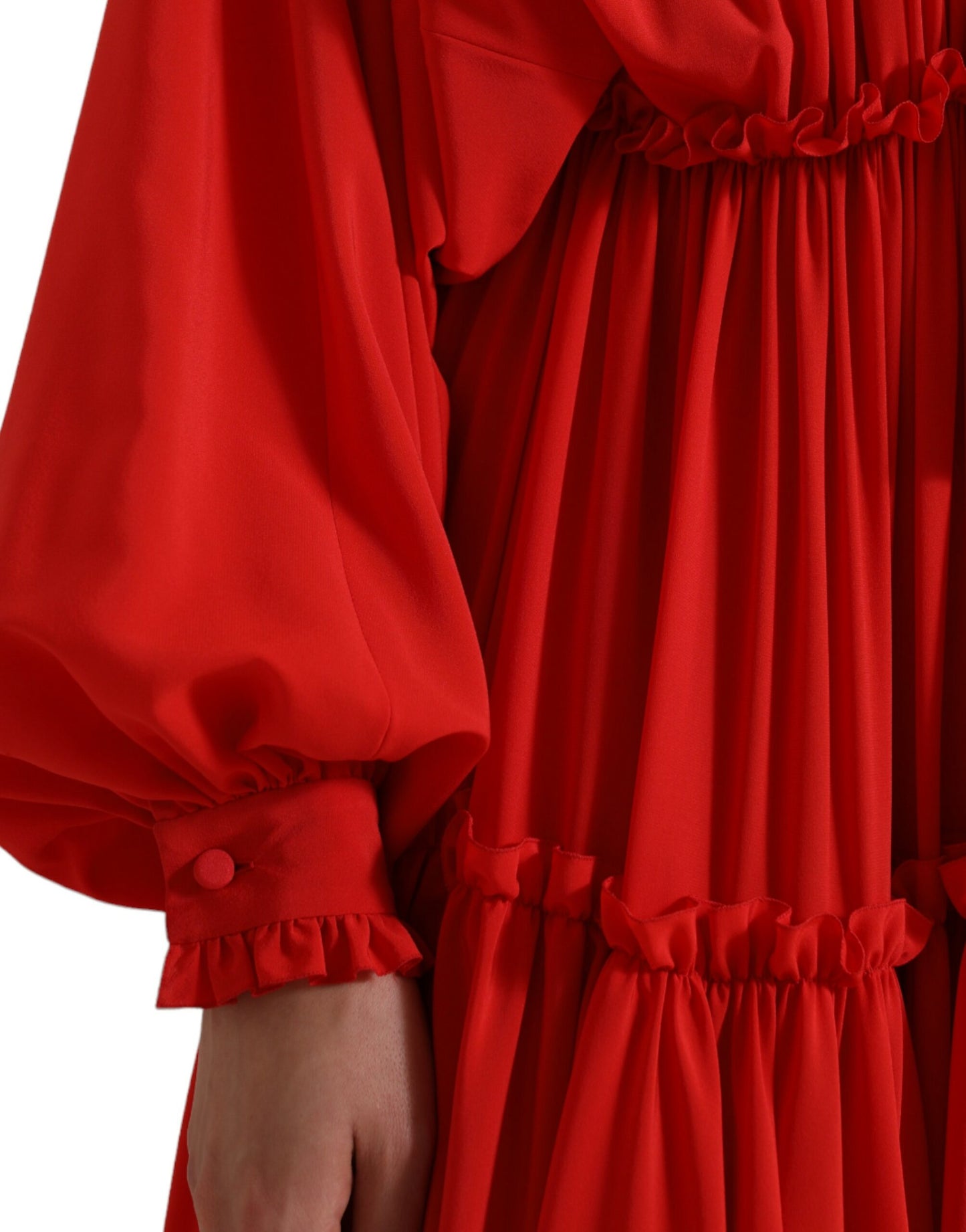 Dolce & Gabbana Red Silk Long Gown Pleated Ascot Collar Dress