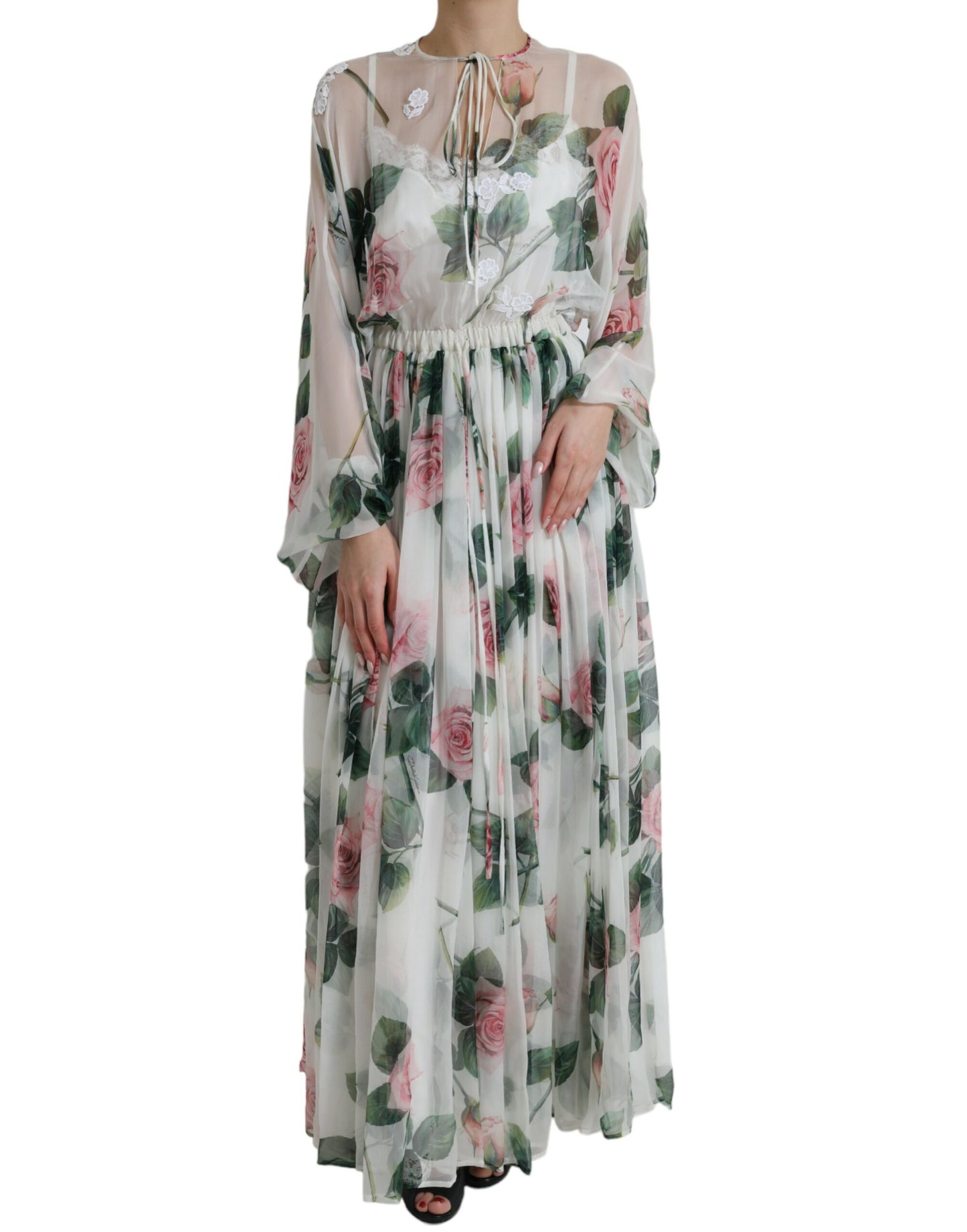 Dolce & Gabbana White Rose Print A-line Pleated Maxi Dress