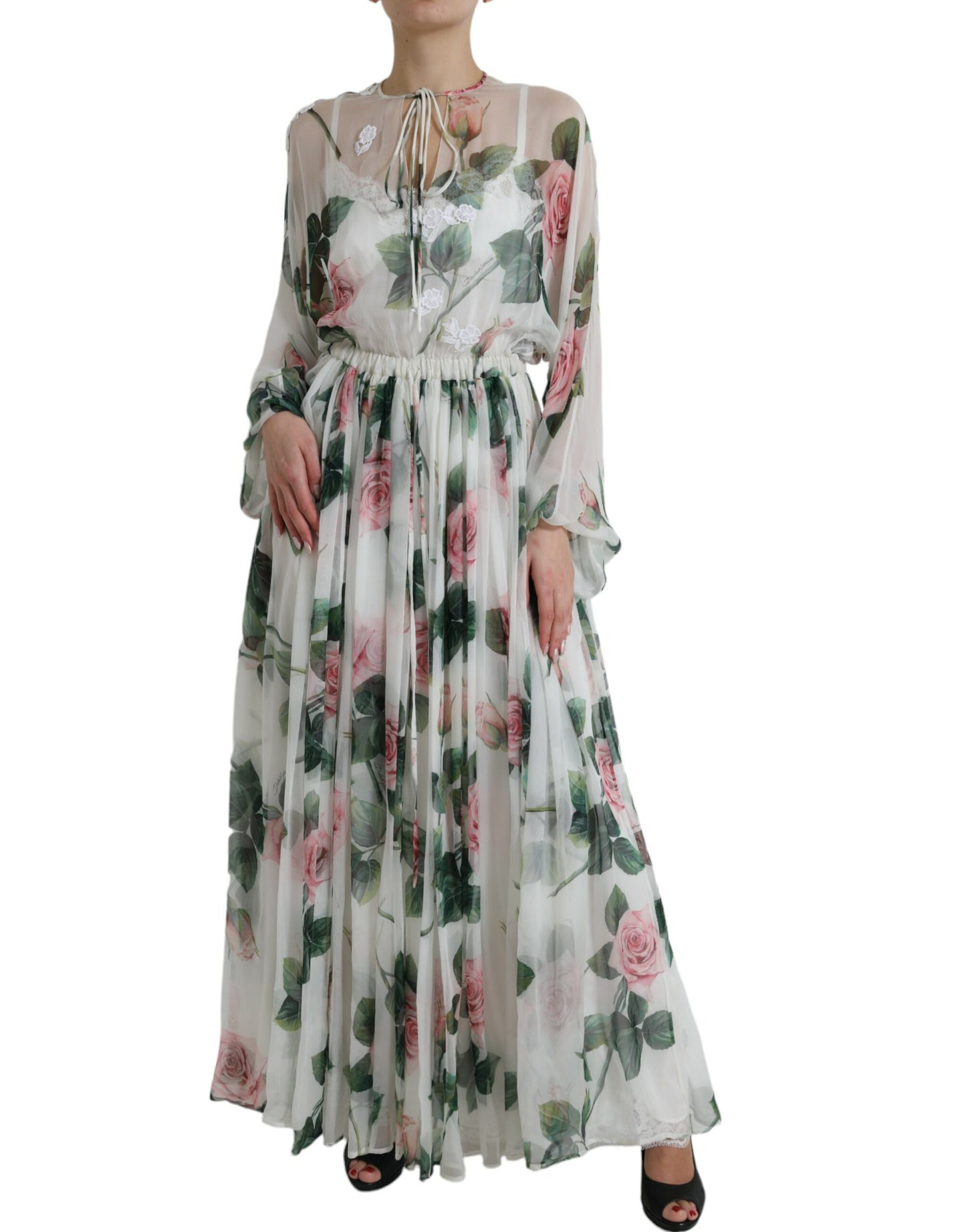 Dolce & Gabbana White Rose Print A-line Pleated Maxi Dress