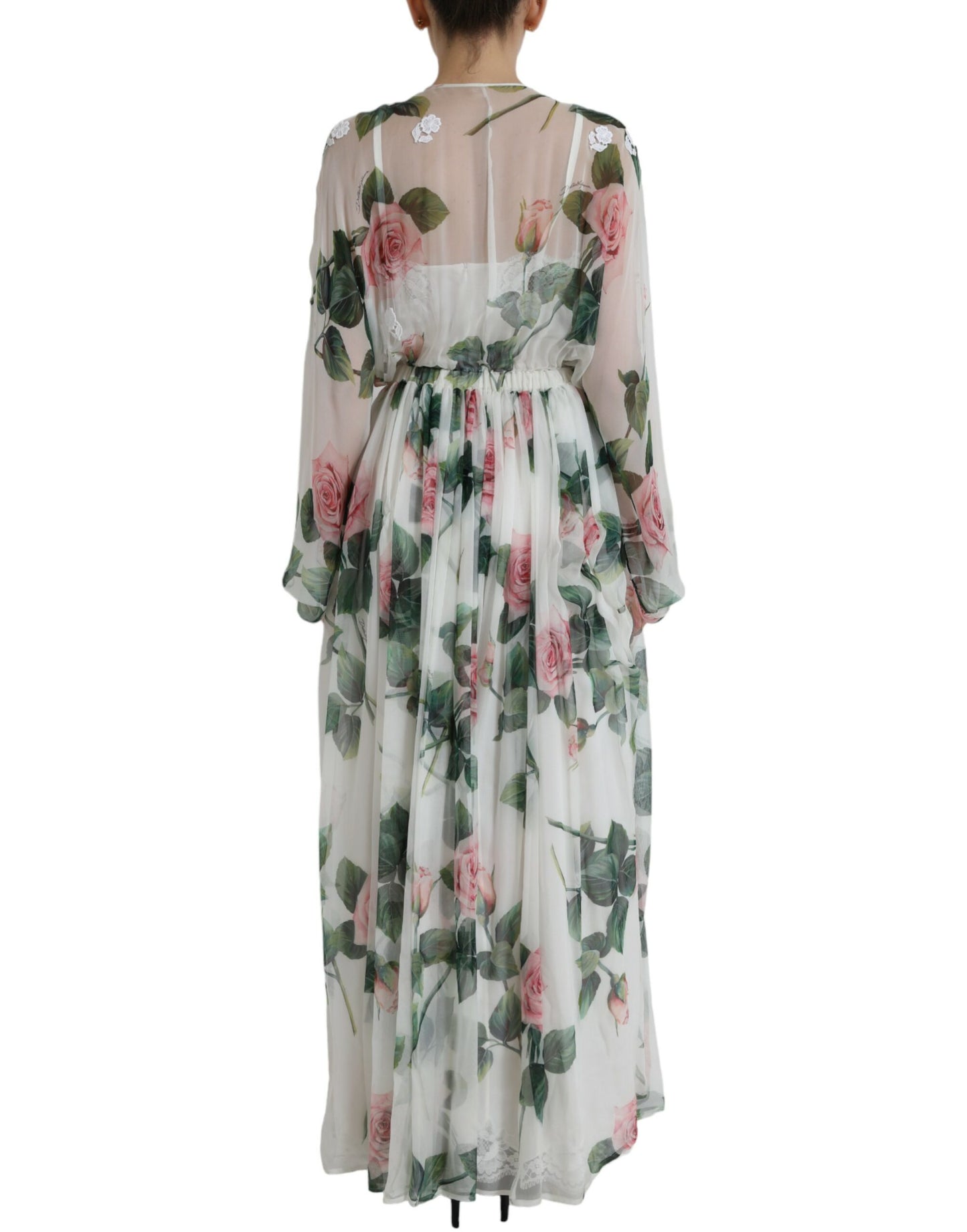 Dolce & Gabbana White Rose Print A-line Pleated Maxi Dress