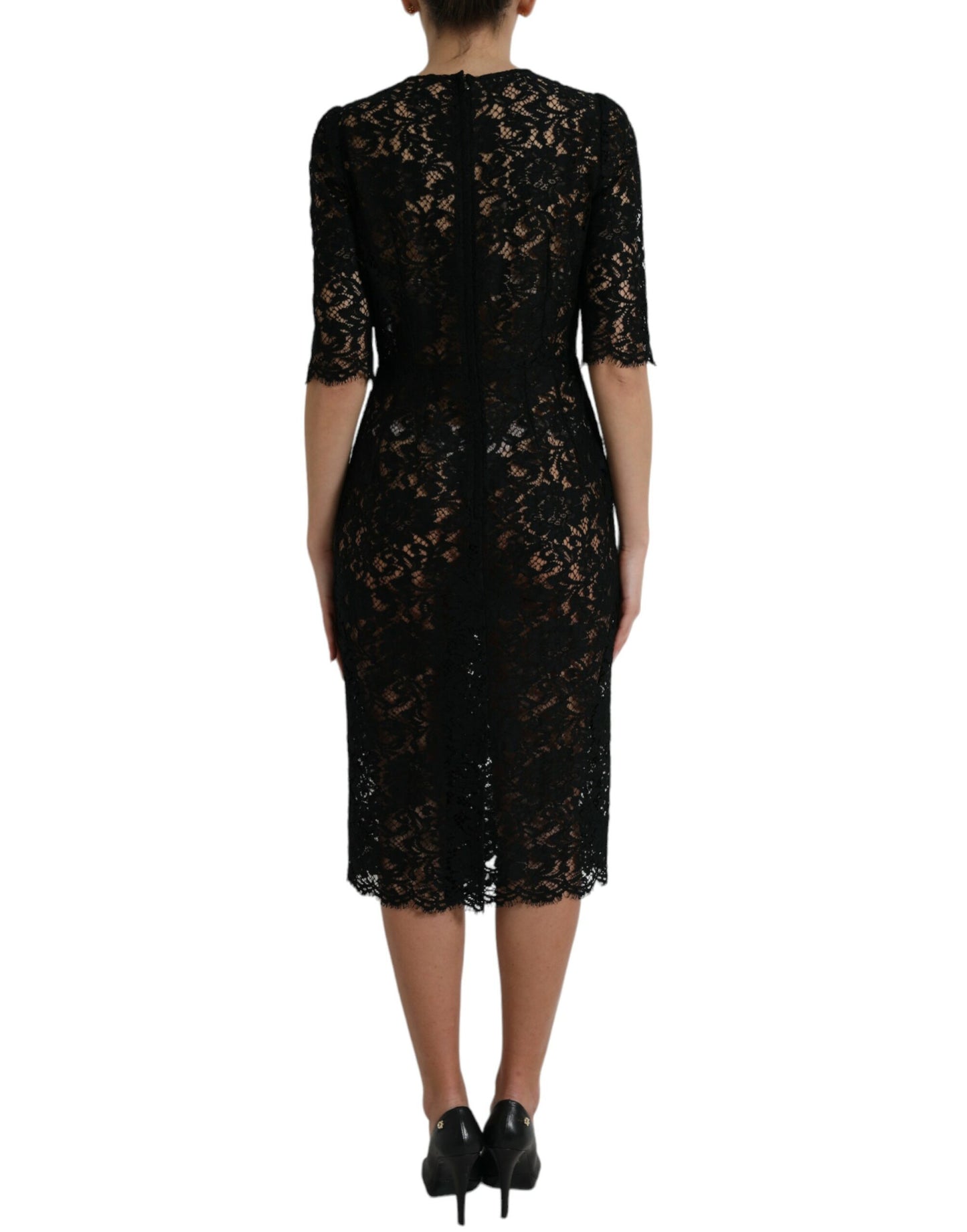 Dolce & Gabbana Black Floral Lace Viscose Sheath Midi Dress