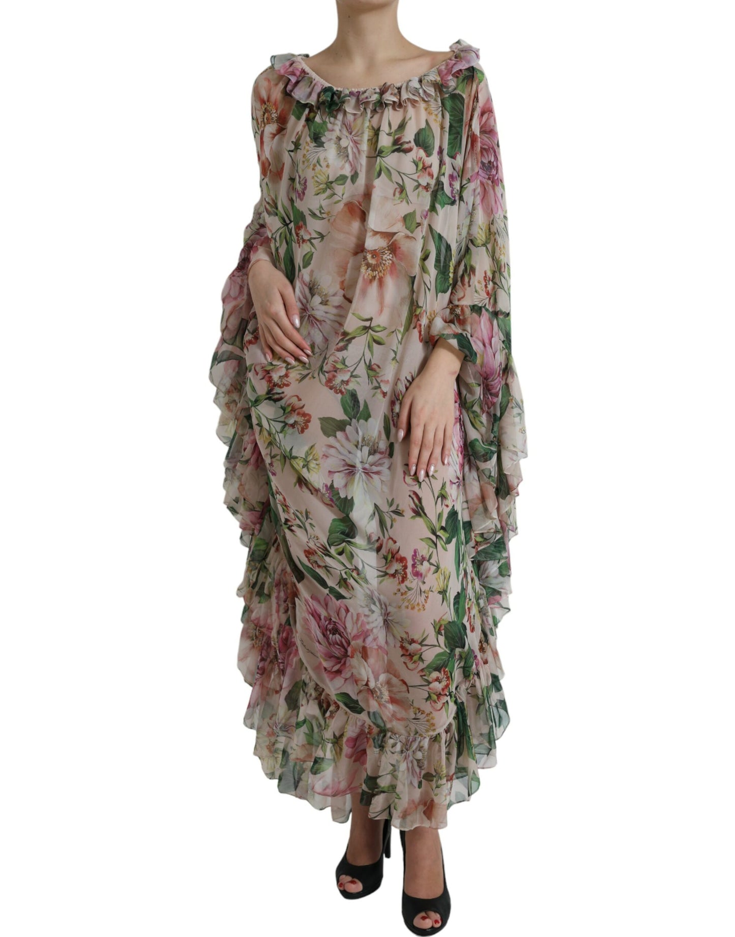 Dolce & Gabbana Pink Floral Chiffon Ruched Frilled Maxi Dress