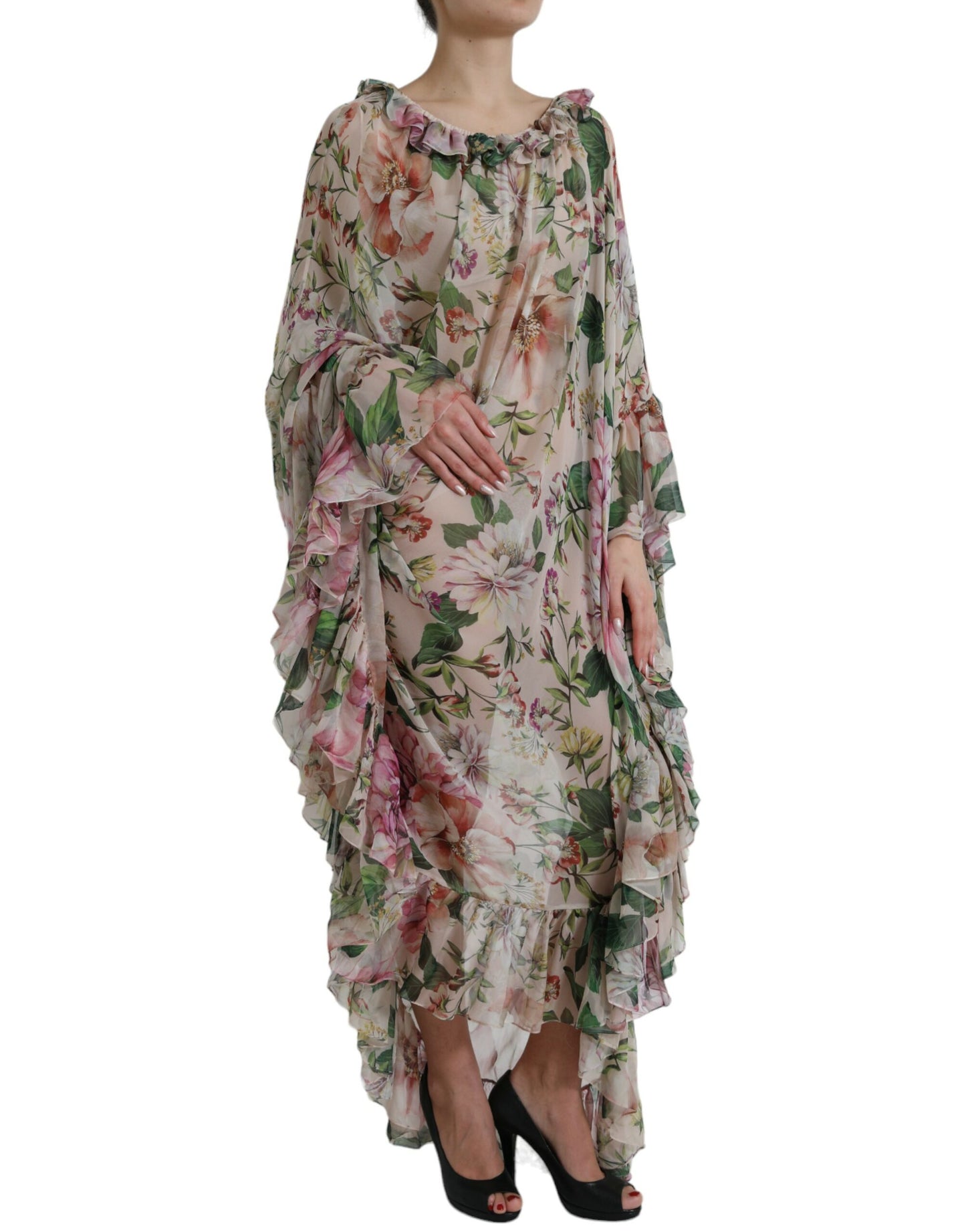 Dolce & Gabbana Pink Floral Chiffon Ruched Frilled Maxi Dress