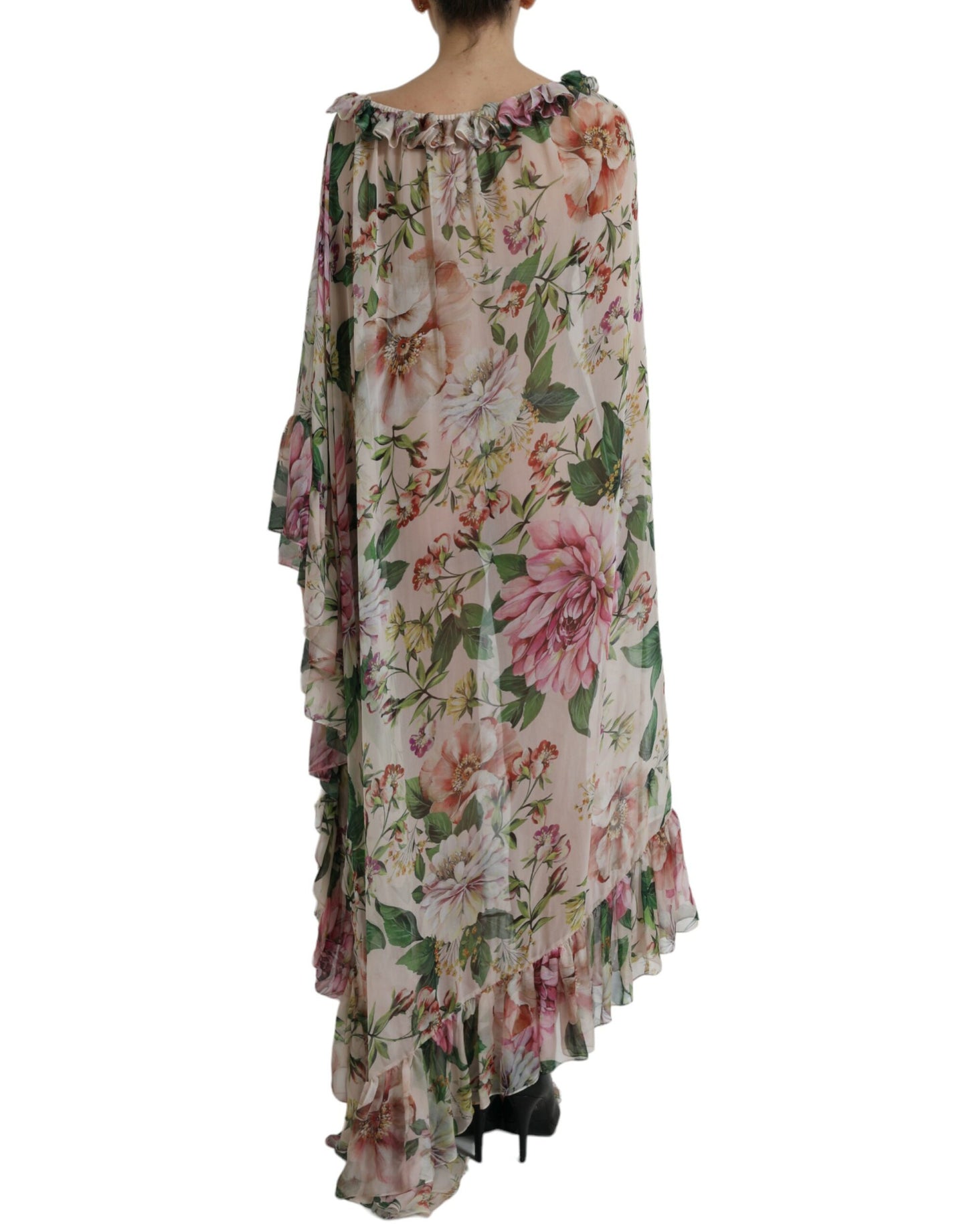 Dolce & Gabbana Pink Floral Chiffon Ruched Frilled Maxi Dress