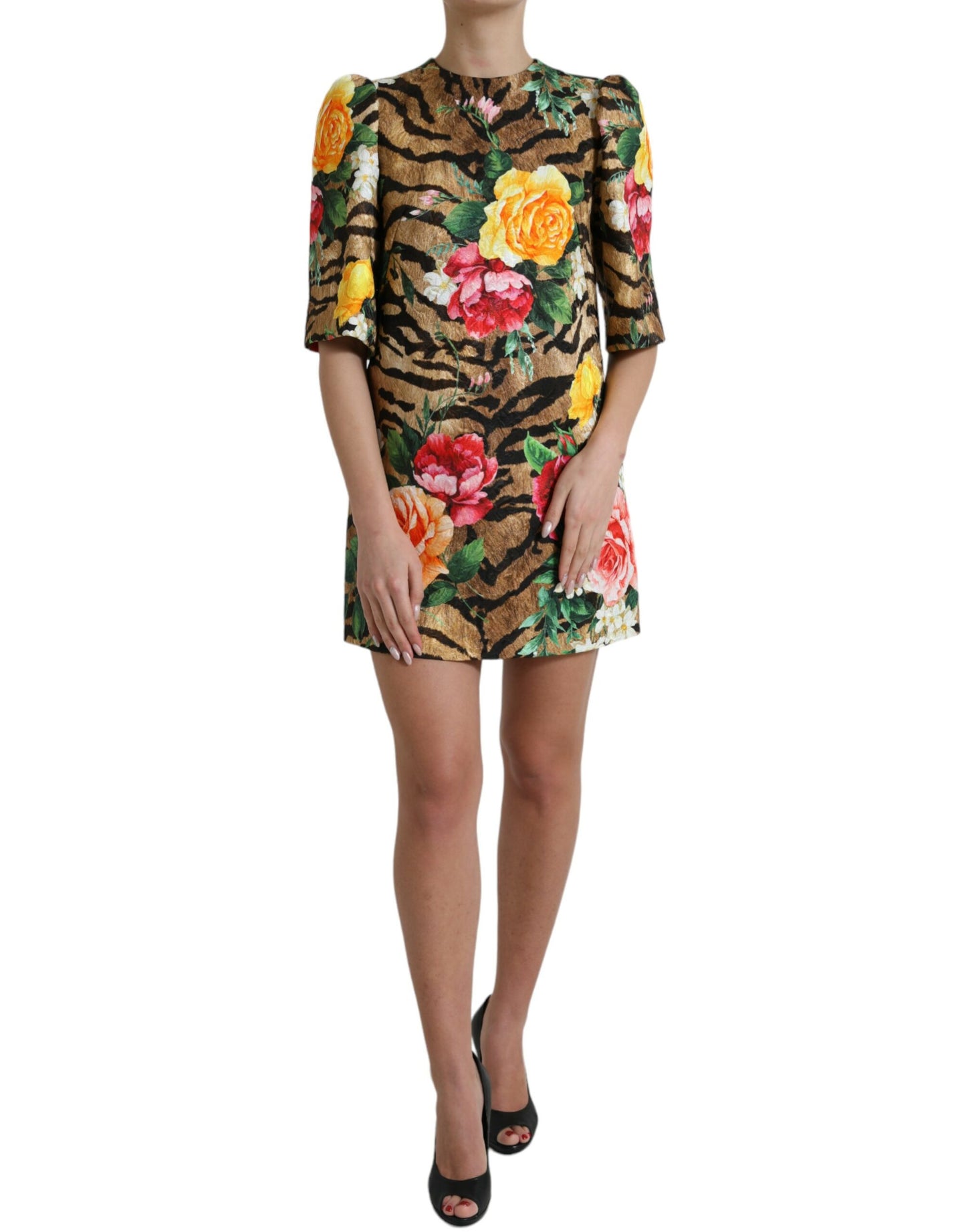 Dolce & Gabbana Multicolor Tiger Floral Print Shift Mini Dress