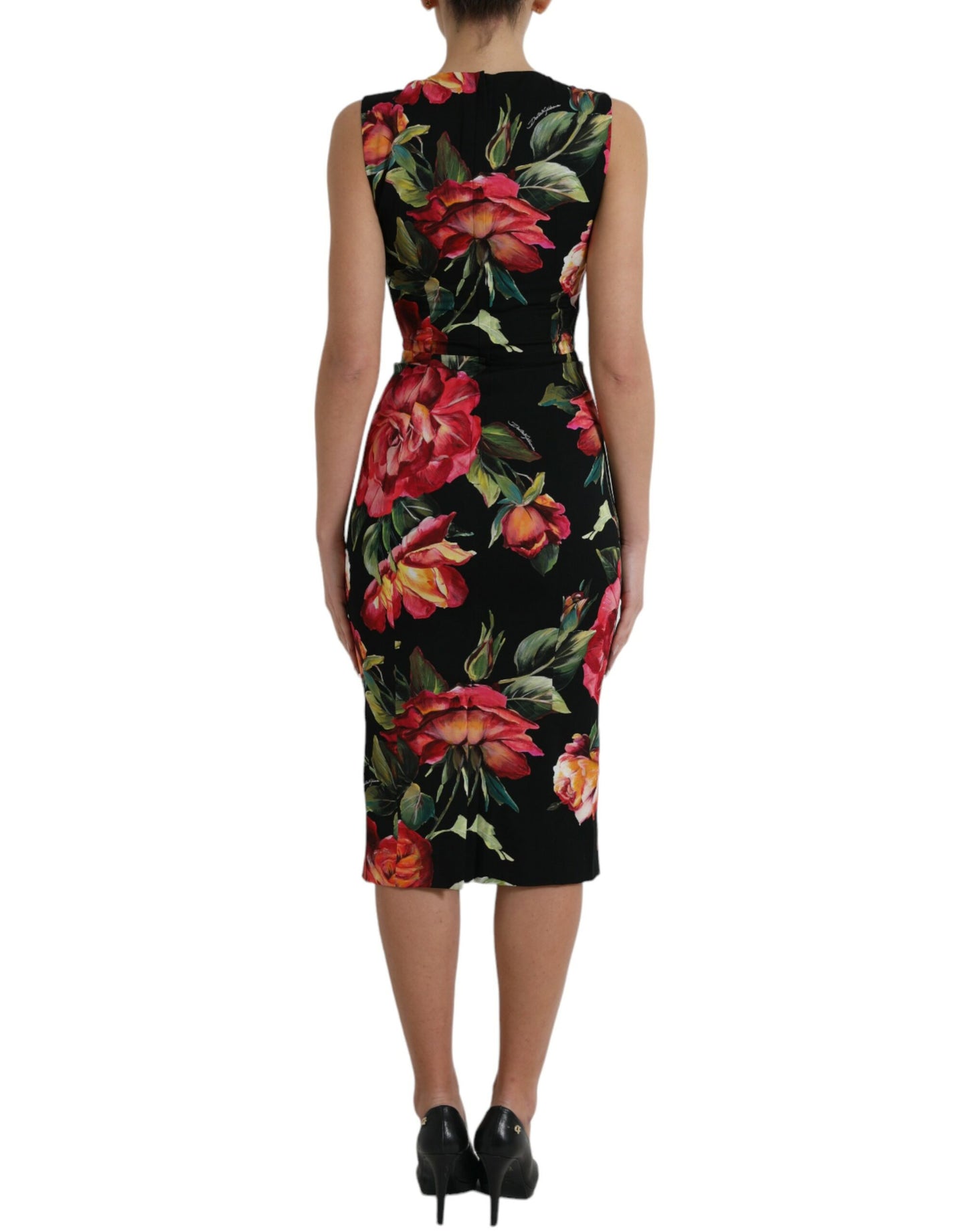 Dolce & Gabbana Black Floral Print Silk Sheath Midi Dress