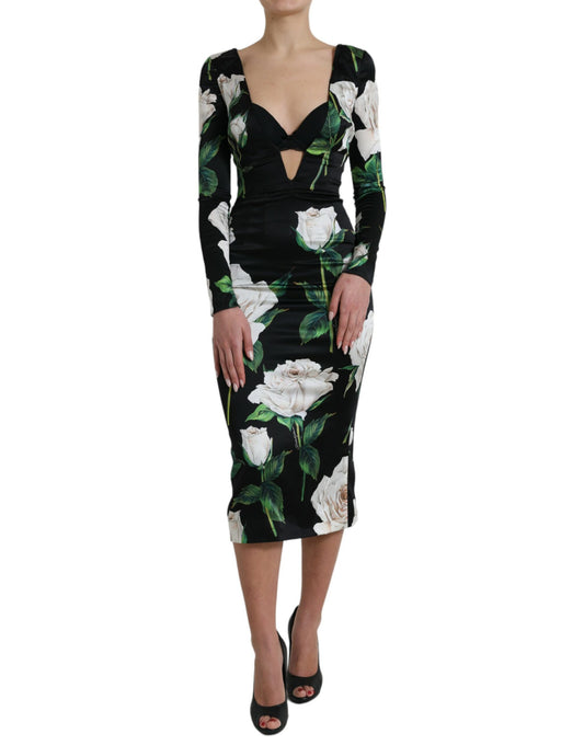 Dolce & Gabbana Black Roses Print Silk Bodycon Midi Dress