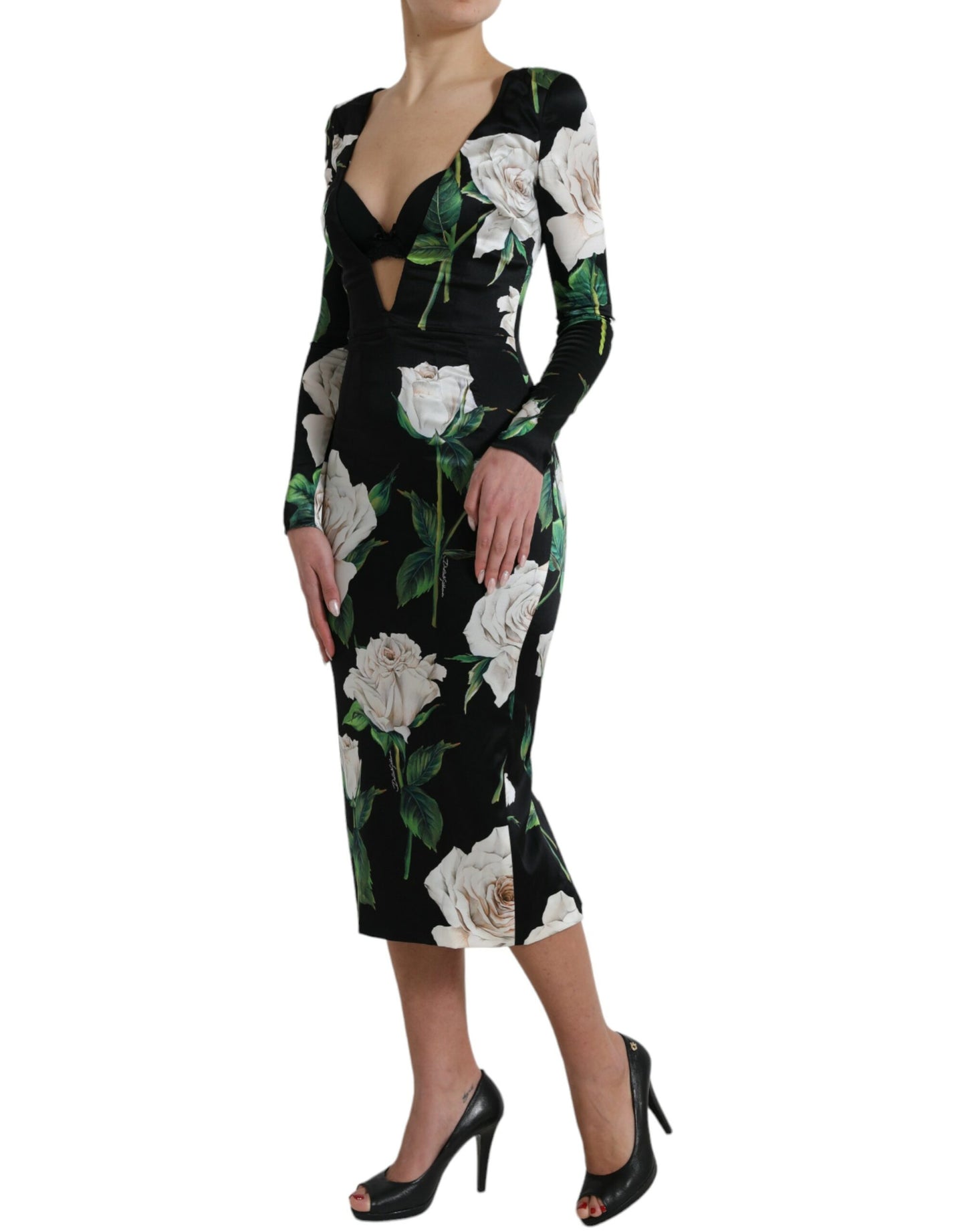 Dolce & Gabbana Black Roses Print Silk Bodycon Midi Dress