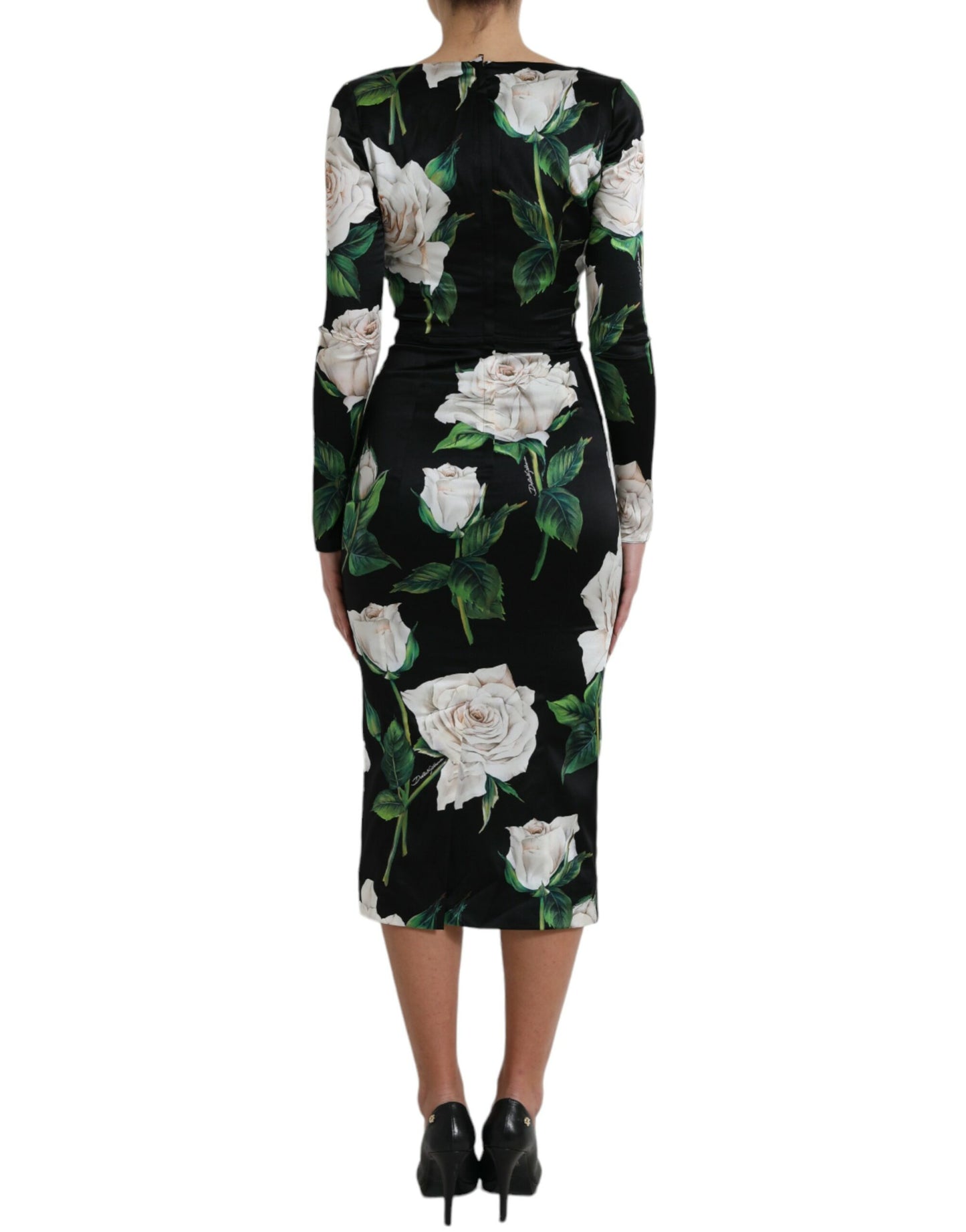 Dolce & Gabbana Black Roses Print Silk Bodycon Midi Dress