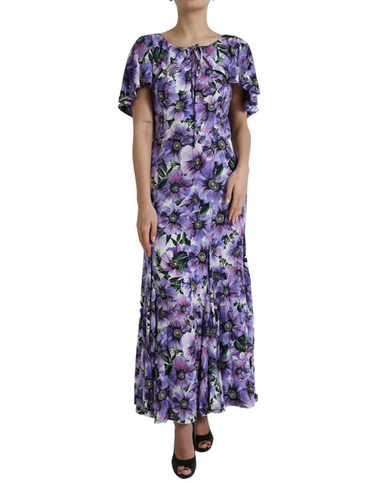 Dolce & Gabbana Purple Anemone Print Silk Aline Maxi Dress