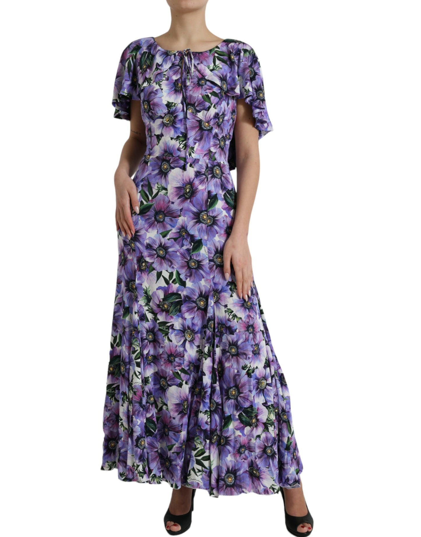 Dolce & Gabbana Purple Anemone Print Silk Aline Maxi Dress