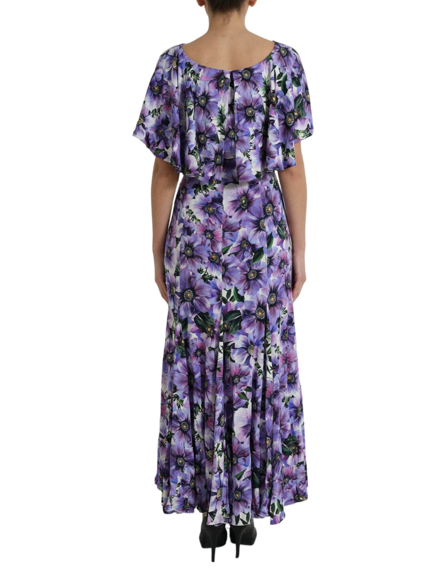 Dolce & Gabbana Purple Anemone Print Silk Aline Maxi Dress