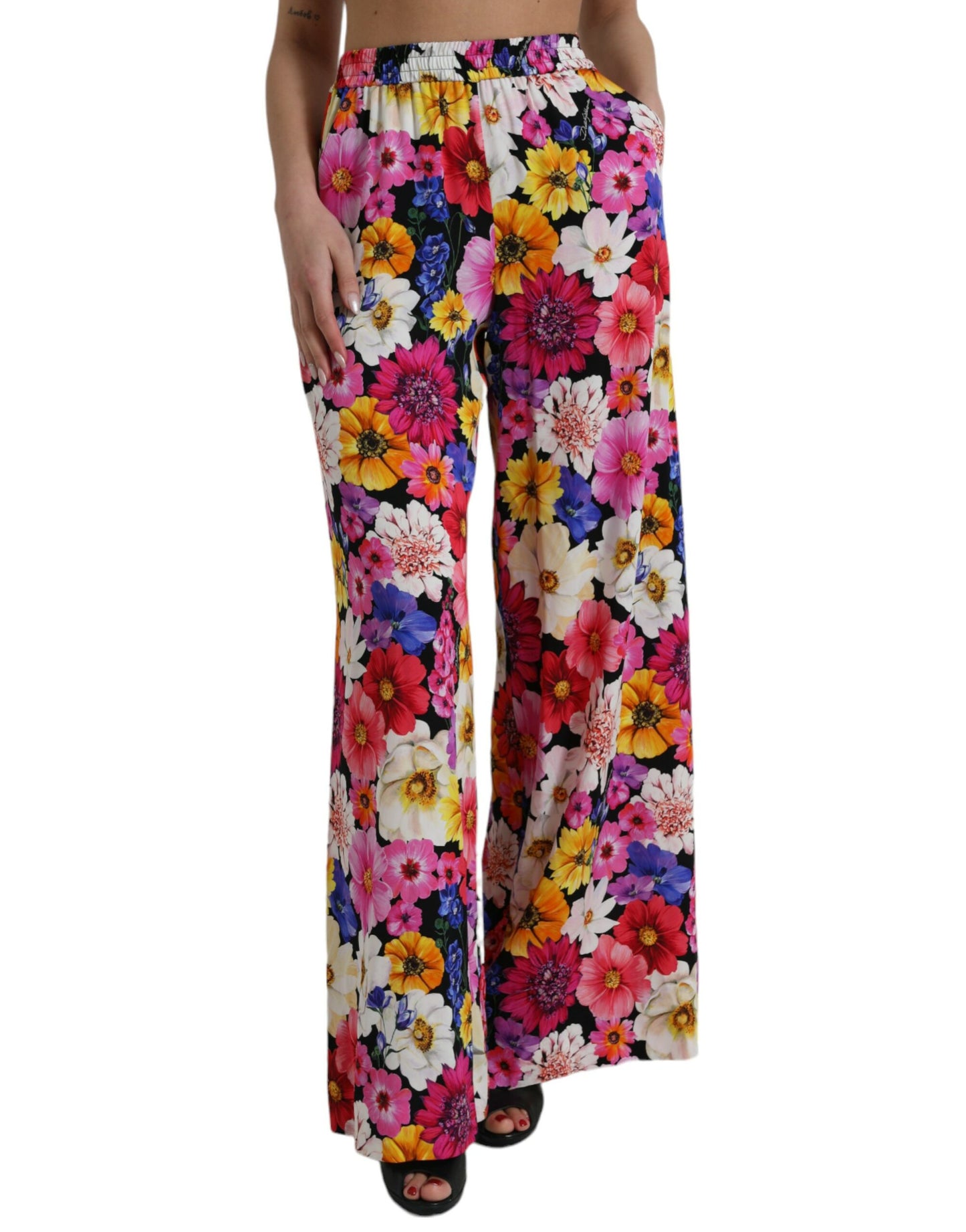 Dolce & Gabbana Multicolor Floral High Waist Wide Silk Pants