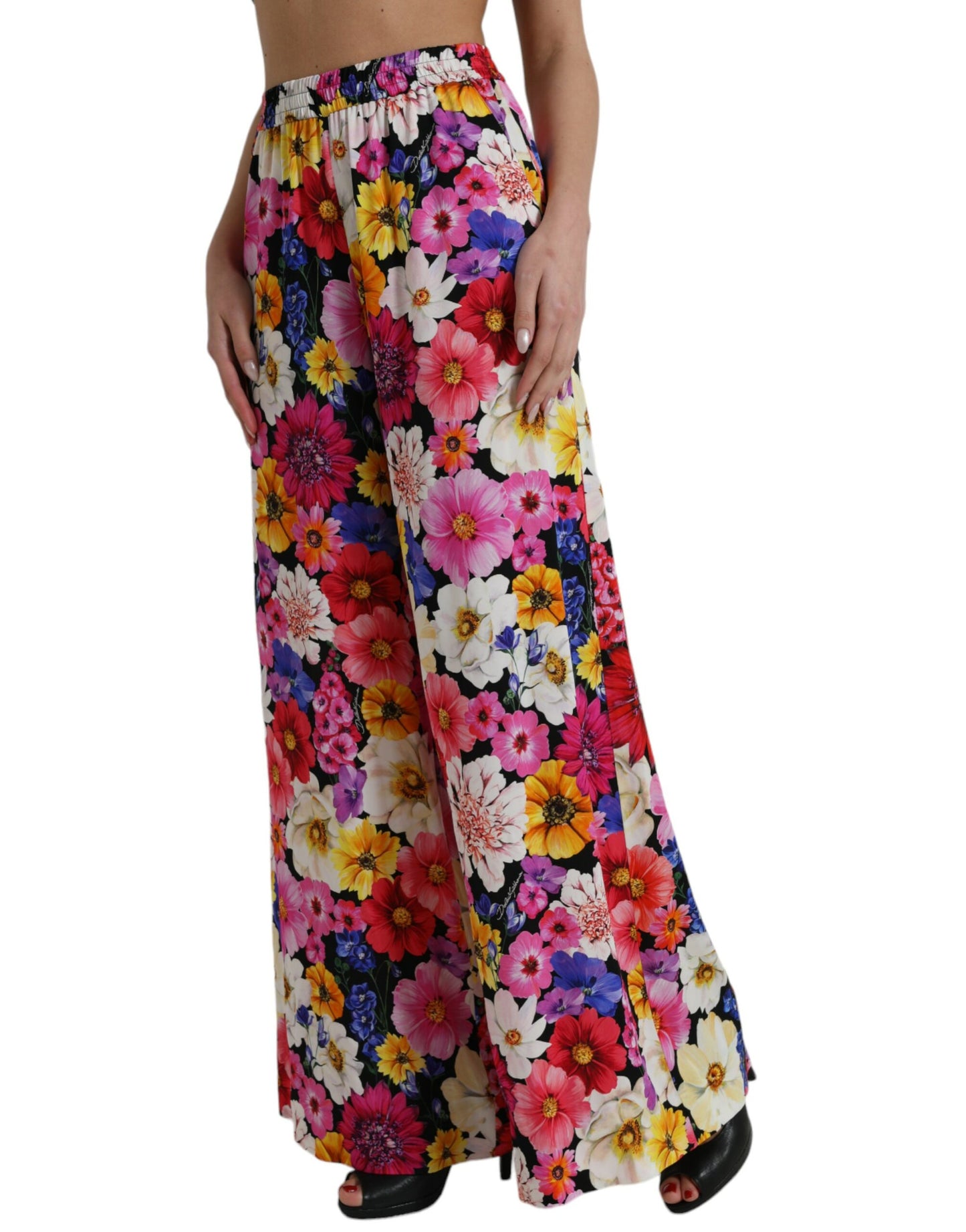 Dolce & Gabbana Multicolor Floral High Waist Wide Silk Pants