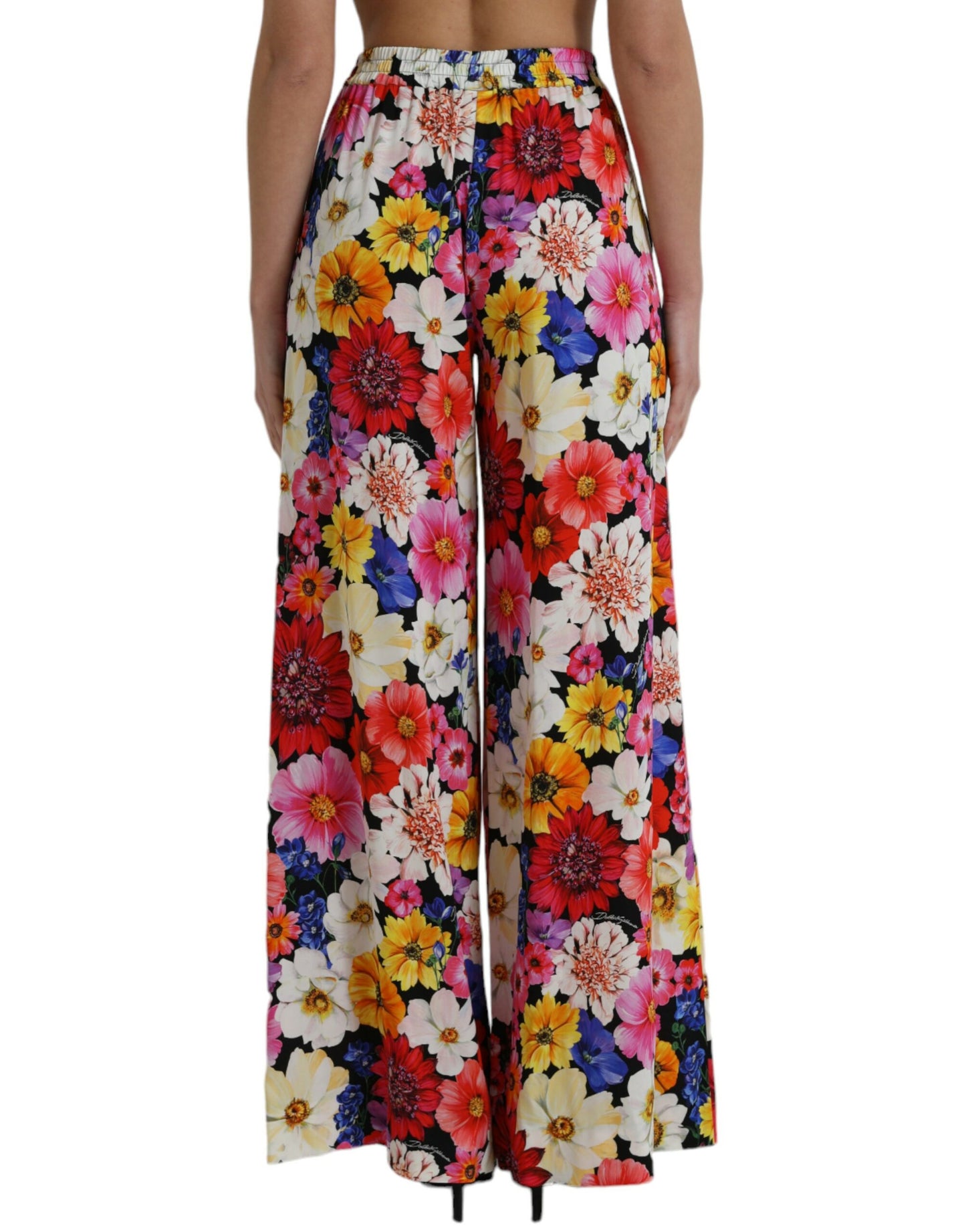 Dolce & Gabbana Multicolor Floral High Waist Wide Silk Pants