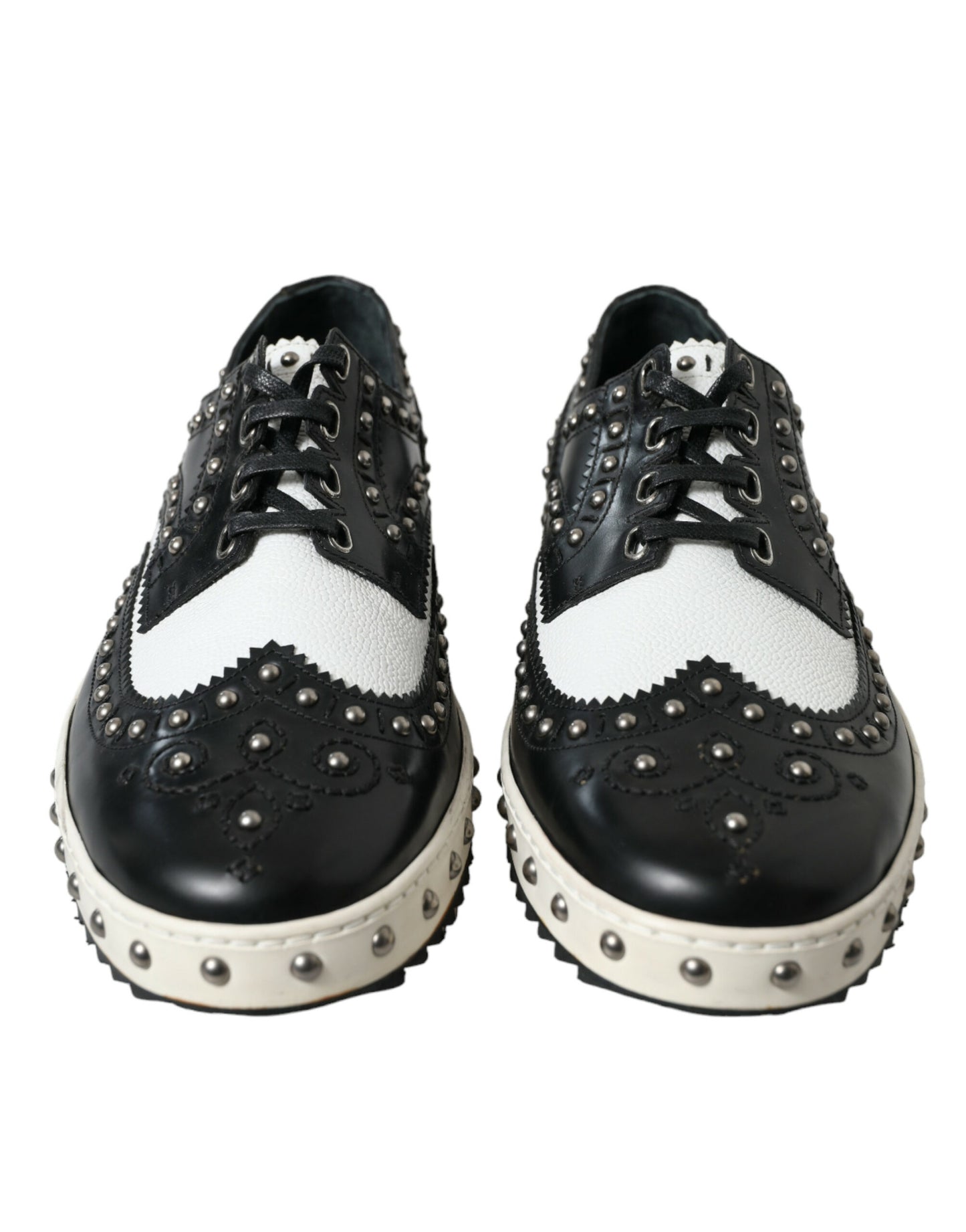 Dolce & Gabbana Black White Studded Leather Sneakers Shoes